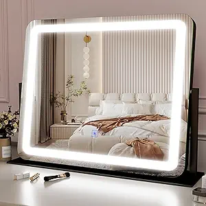 22x17 Inch Lighted Vanity Mirror with Dimmable LED Lights - 3 Color Modes, Smart Touch Control & 360° Rotating Base - Desk Makeup Mirror (Black)