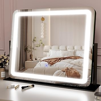 22x17 Inch Lighted Vanity Mirror with Dimmable LED Lights - 3 Color Modes, Smart Touch Control & 360° Rotating Base - Desk Makeup Mirror (Black)