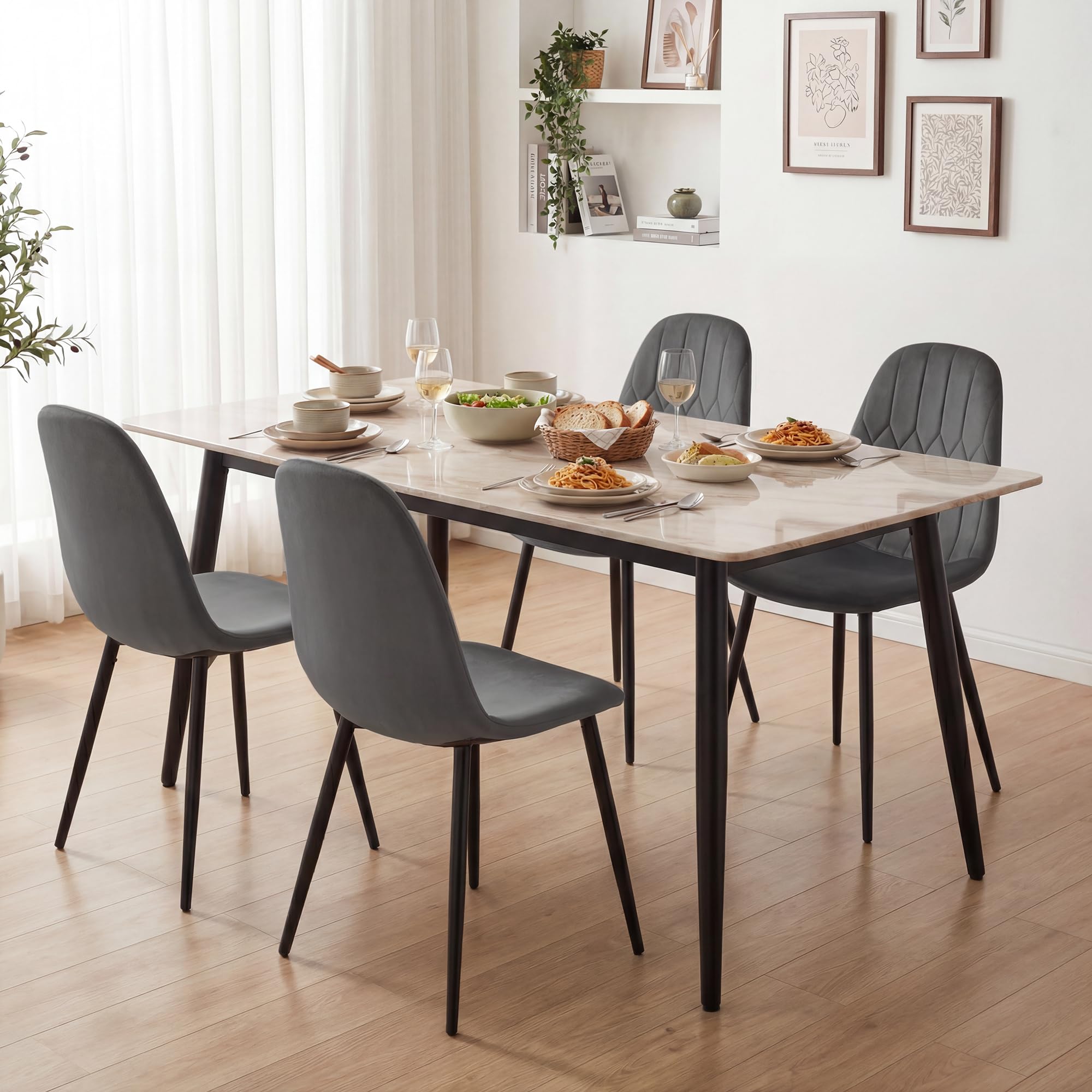 YOUDENOVA Lot de 4 Chaises de Salle à Manger en Velours, Gris Foncé | Chaises de cuisine rembourrées avec dossier ergonomique, pieds en métal, charge maximale de 130 kg