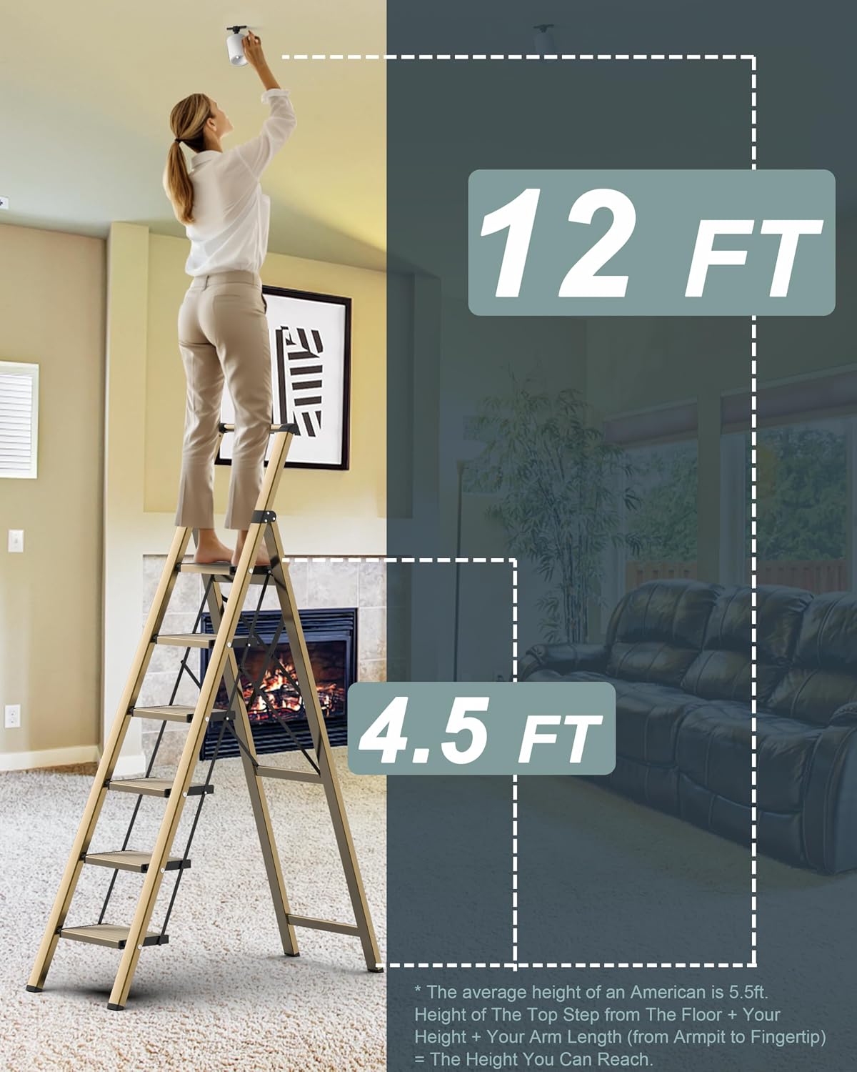 6 Step Ladder for 12 Feet High Ceiling, Folding Step Stool with Handgrip and Anti-Slip Wide Pedal, Portable Aluminum Stepladder for Kitchen, Home (300 lbs Capacity) - Gold