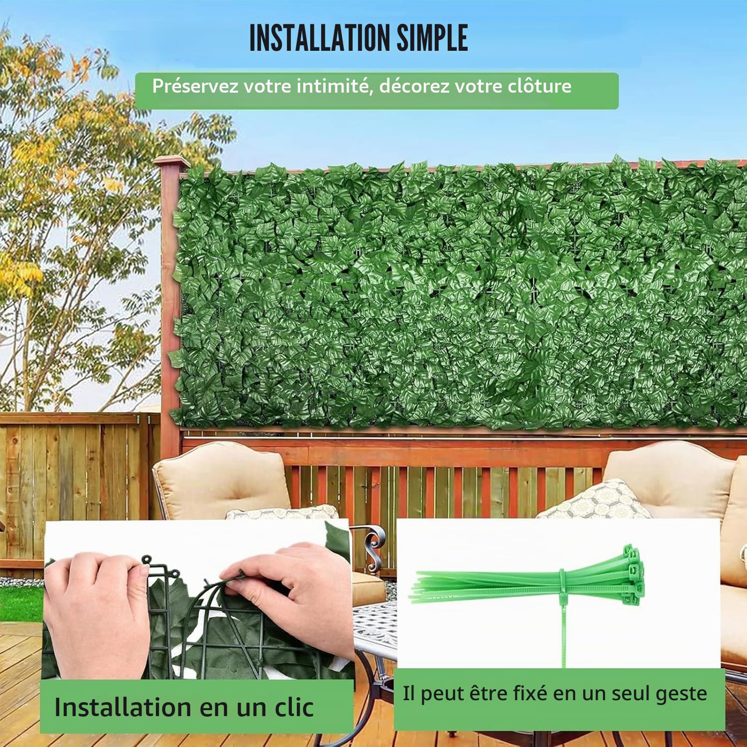 Clôture décorative de lierre artificiel, rouleau de haie artificielle 3 m x 1,5 m, clôture d'intimité, treillis de feuilles pour balcon, décoration murale extérieure