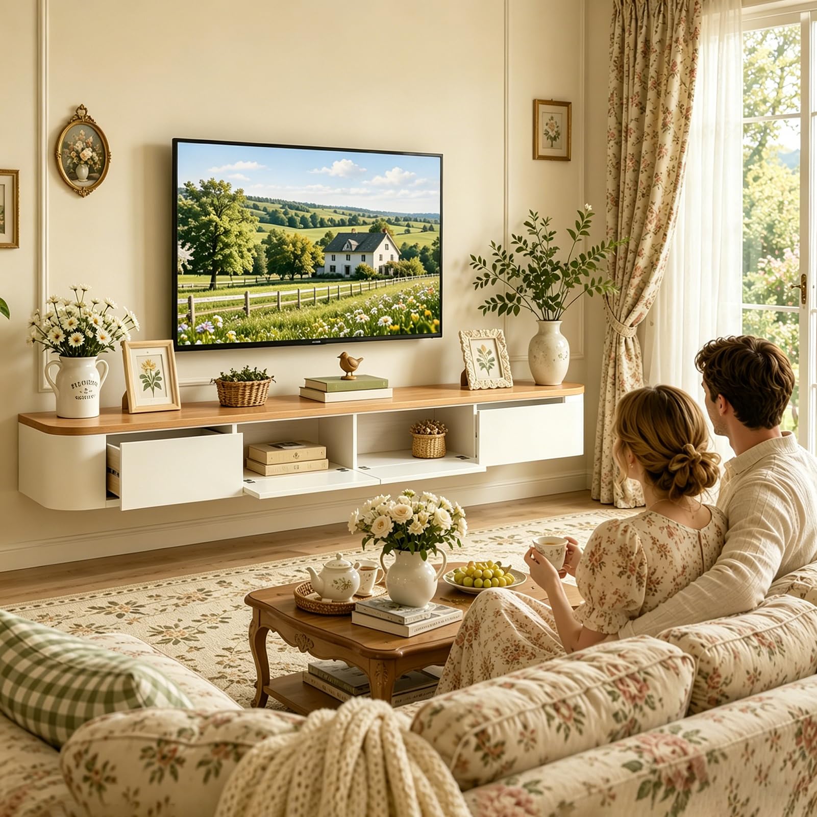Mobile TV moderno 280 cm Beige e Bianco, Mobile TV basso con 2 cassetti e 2 ante a ribalta, Piano TV sospeso, Gestione dei cavi di alta qualità, Tavolo TV per soggiorno e sala da pranzo
