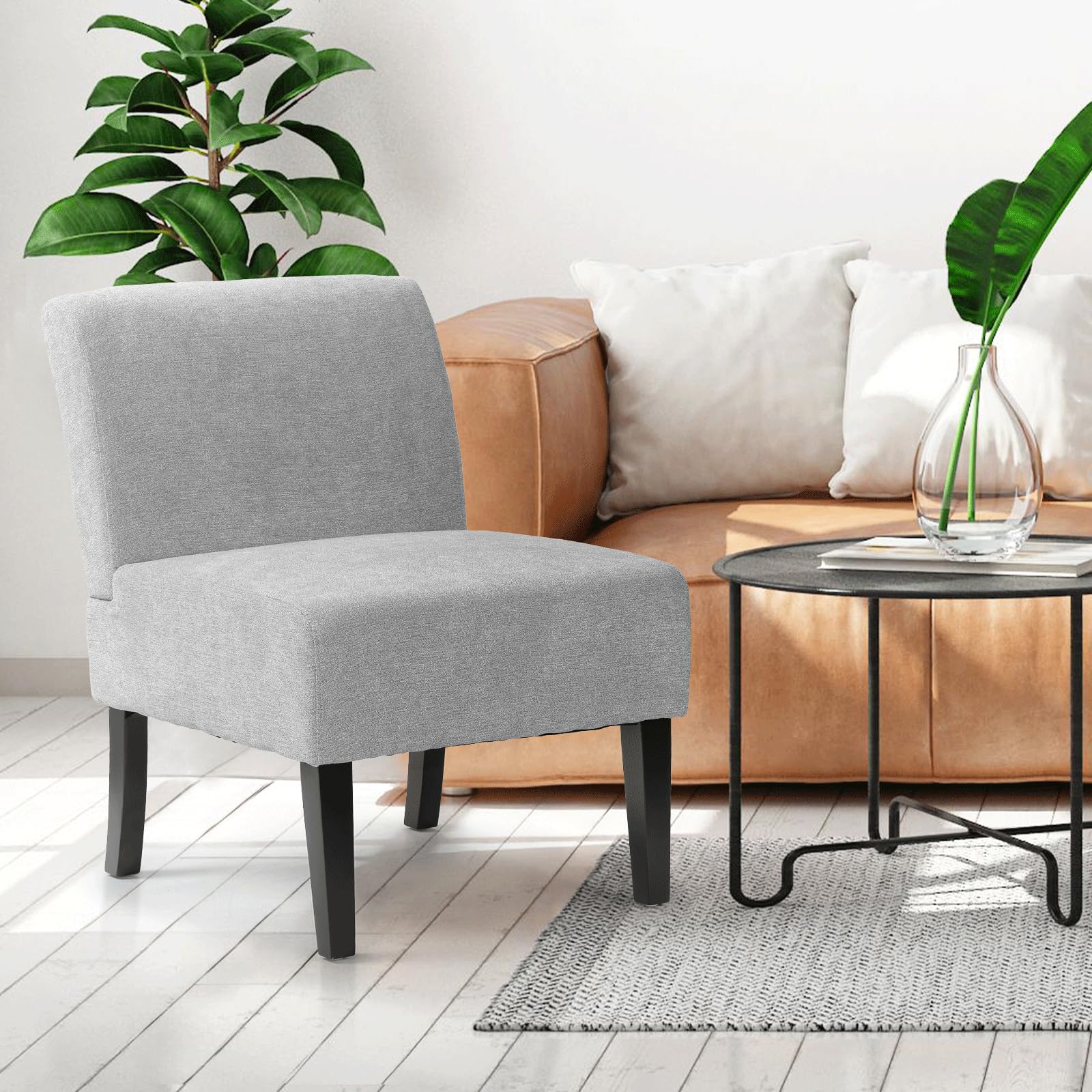 MoNiBloom Armless Accent Chair, Modern Upholstered Armless Chair with Wood Legs, Fabric Slipper Side Chair for Living Room, Bedroom, Office, 300 lbs Capacity – Light Gray