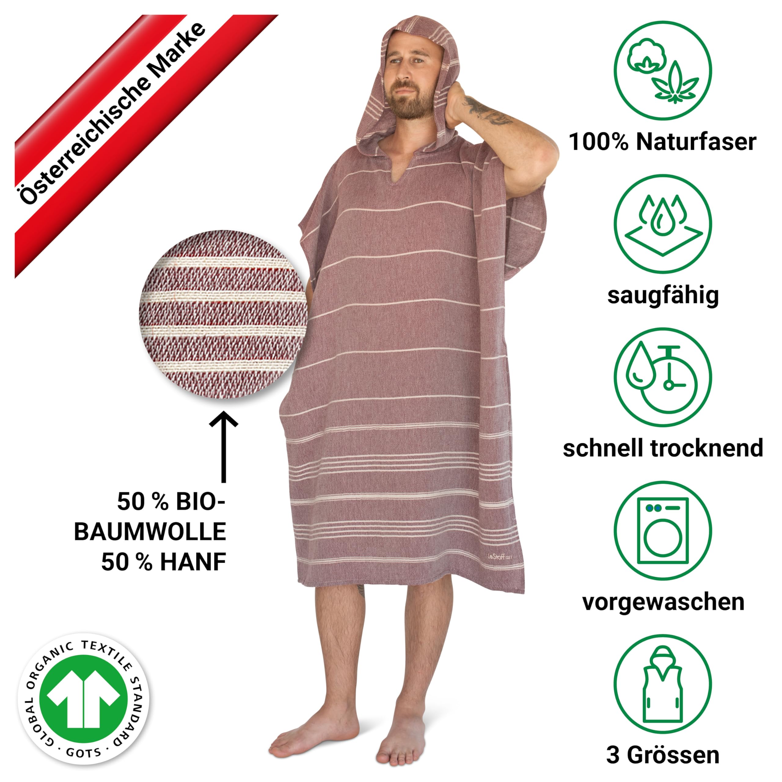 LeStoff Badeponcho - 50% Bio-Baumwolle 50% Hanf - Leicht, Saugstark, Schnelltrocknend, Bio, Strandponcho mit Kapuze, Handtuchponcho, Surf Poncho, Handtuchkleid, Duschponcho, Umziehponcho