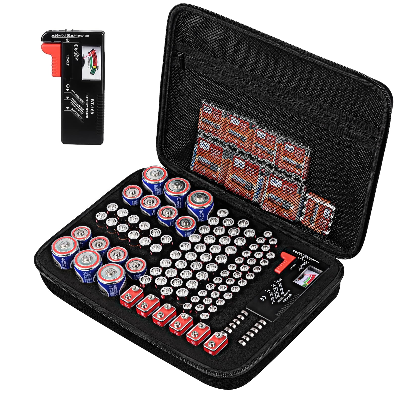 stukcaze Battery Organizer Storage Case with Tester for AA AAA C D 9V Battery Holder 7 Batteries Variety Pack 111 Batteries Mesh Bag (Batteries Not