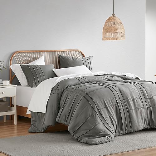 Miniatura 2 de Comfort Spaces Juego de funda de edredón gris Queen  Funda de edredón plisada de 3 piezas para todas las estaciones, ligera, suave como el algodón,
