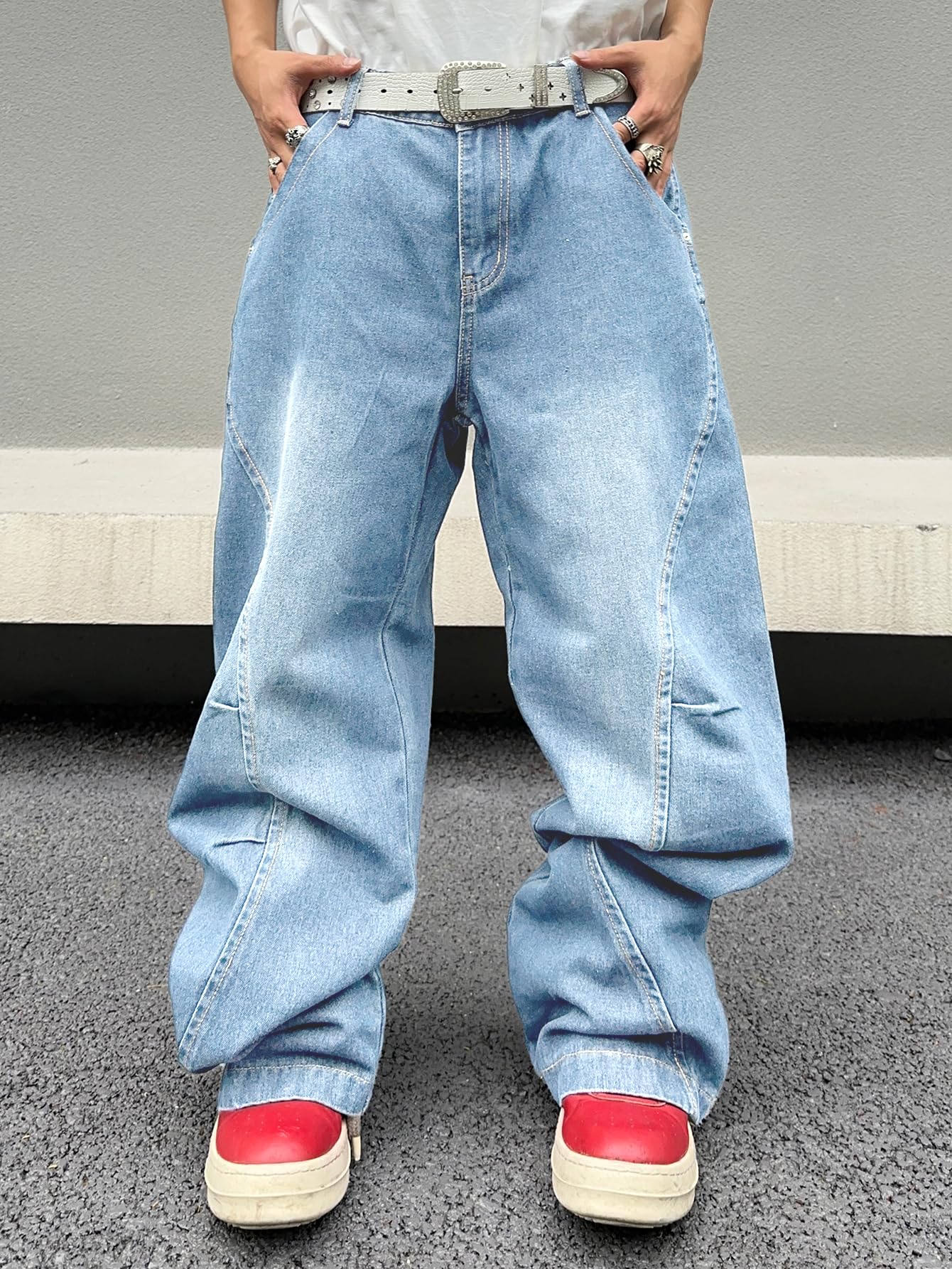 Zewool Jeans Baggy da Uomo con Cuciture Irregolari – Pantaloni in Denim Wide Leg Y2K Hip Hop Moda Casual Streetwear