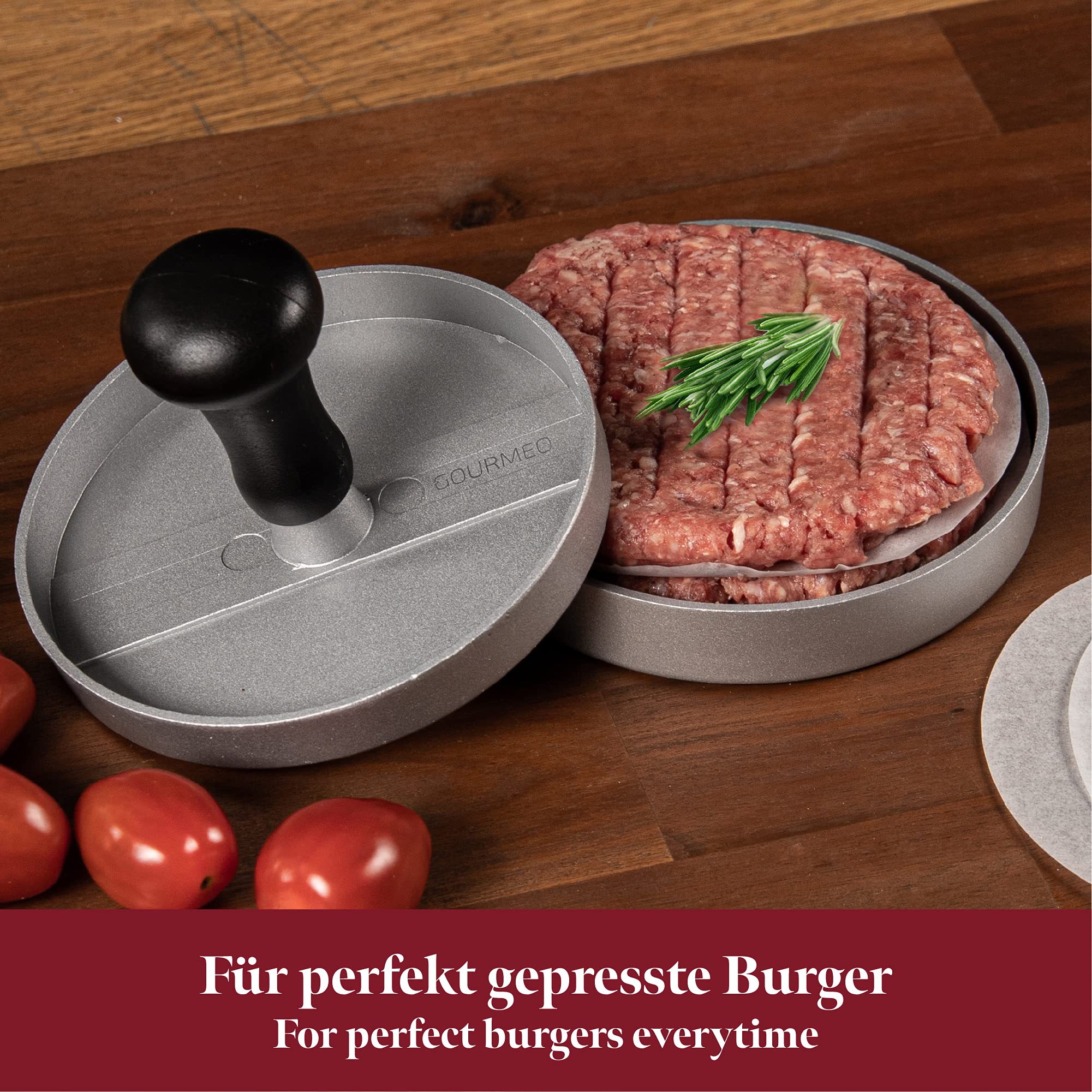 Presse à burger premium en fonte d'aluminium avec revêtement antiadhésif + 30 feuilles - Garantie 2 ans