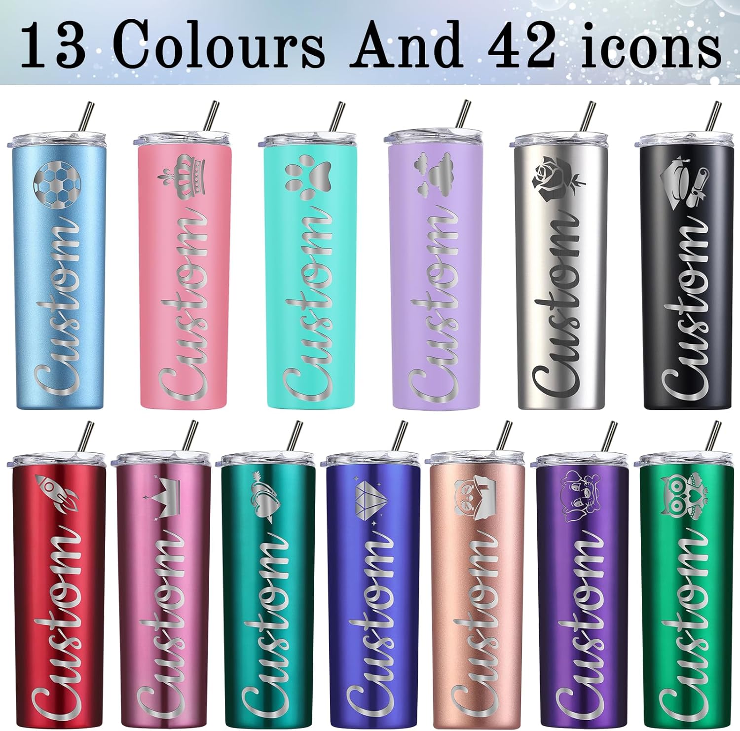 Personalized Tumbler - Laser Engraved with Name,20oz Custom Stainless Steel Cups Personalized Skinny Tumblers with Lids and Straws for Women Men Gifts - 13 Colors & 42 Icons - Image 2