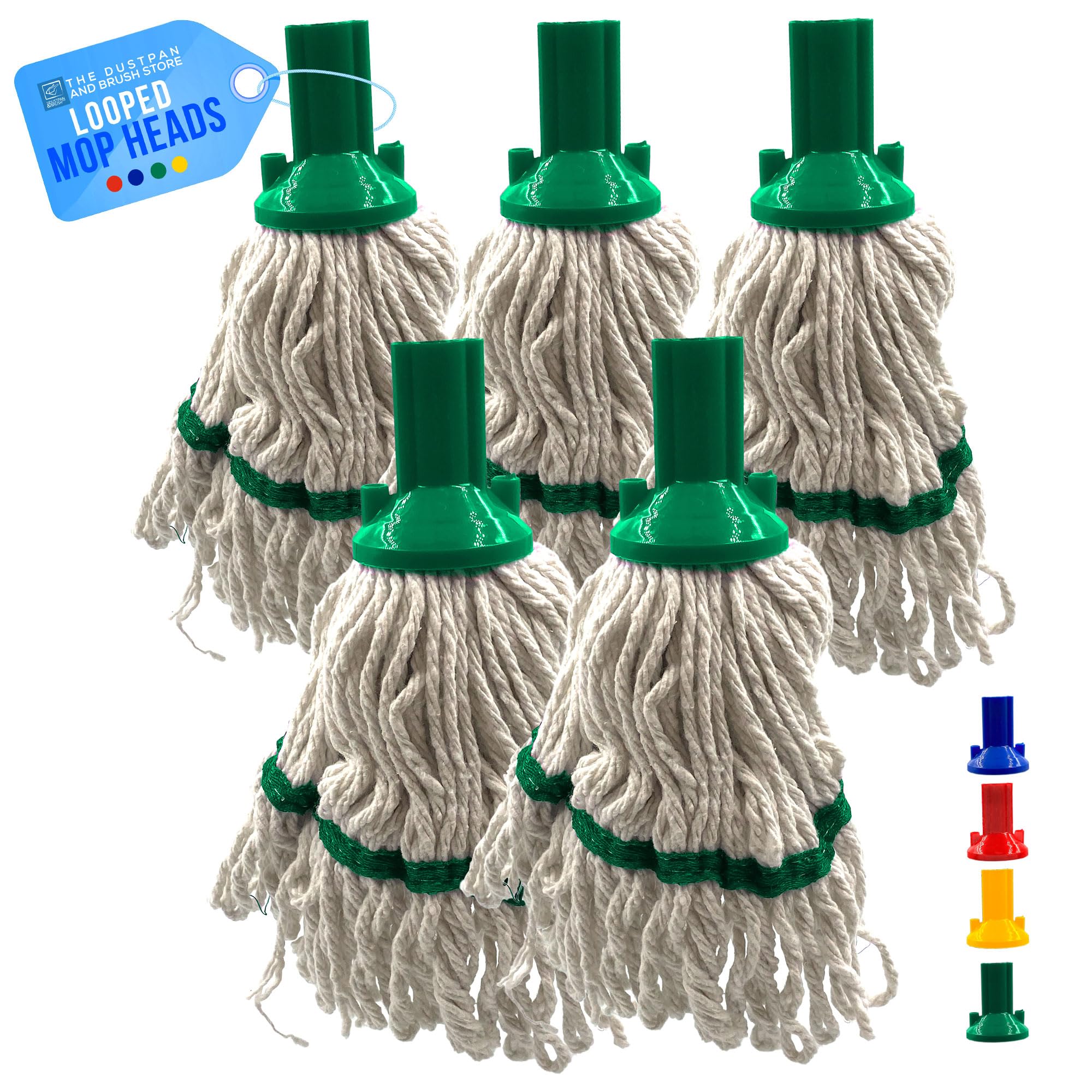 Tdbs The Dustpan And Brush Store Green Looped Cotton Mop Heads Replacement With Absorbent Yarn, Self Threading Floor Mop Head, Floor Mops For Tiles, Wood, Laminate - Color Coded Commercial Cleaning - Pack Of 5