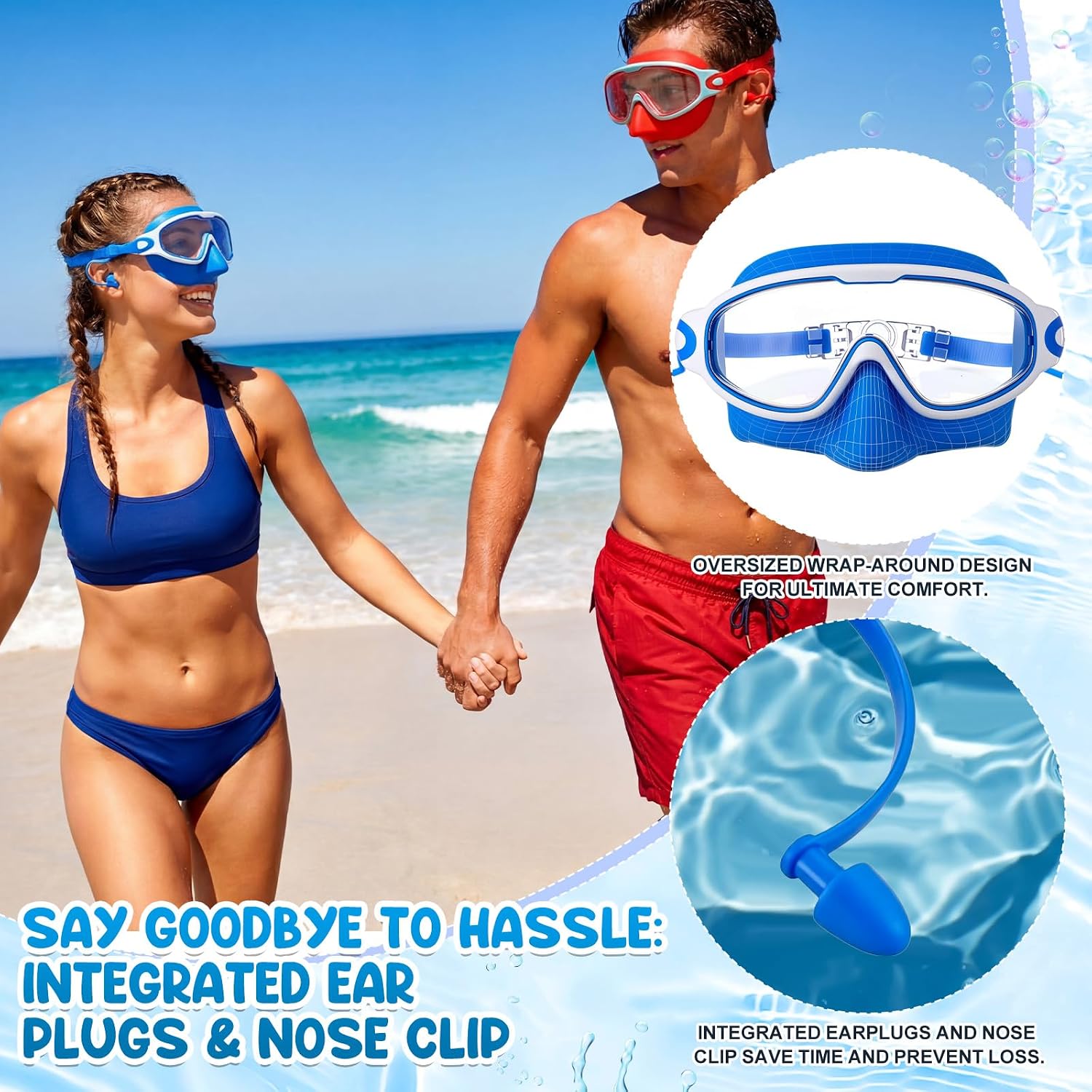 Kanayu Swim Goggles with Nose Cover Earplug for Adult Wide View Anti Fog UV Swim Goggles No Leaking Diving Mask for Men Women