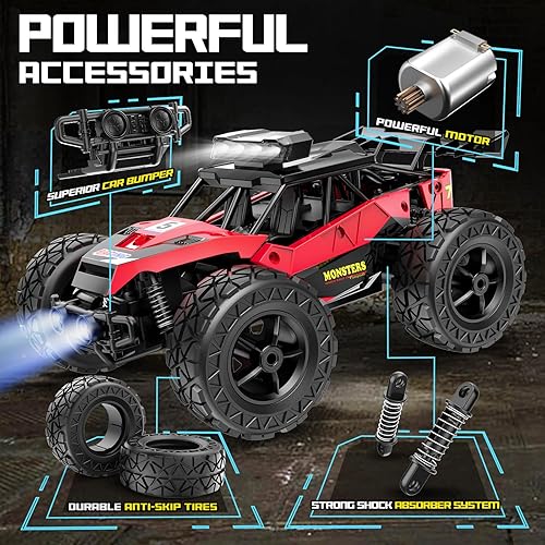 Miniatura 4 de MOBI ONE Auto de control remoto, camión monstruo de control remoto todoterreno de 2.4 GHz, 2WD de alta velocidad de 25 KMH con luz LED y 2 baterías,