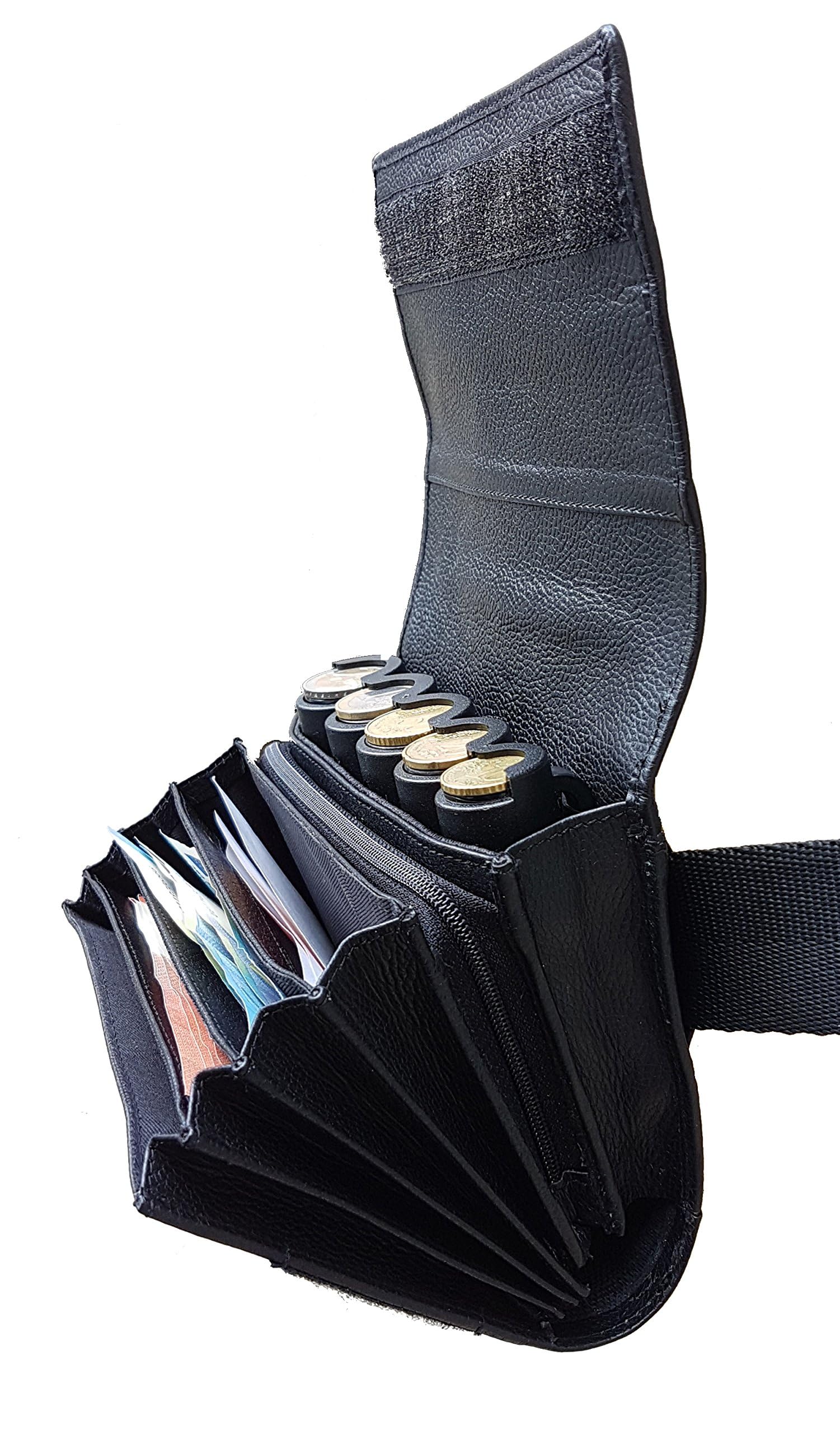 Riñonera de Camarero en Piel auténtico, Monedero de Camarero, Cartera, Bolsa, Billetero Incluido Dispensador/Distribuidor/Clasificador de 5 Monedas de Euro (FERMETURE Scratch)
