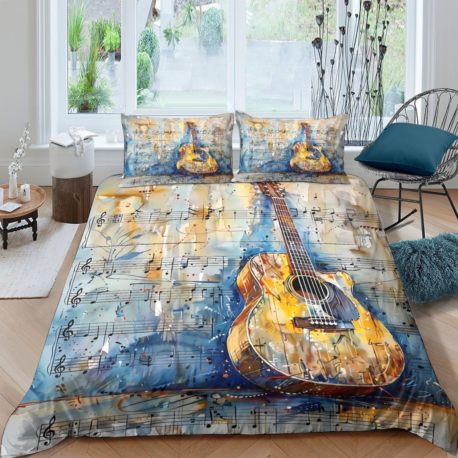 Ctjqhvkz Style-8 3D Printed Vintage Guitar Fitted Sheet Microfiber Artistic Blue Yellow Bed Cover For Bedroom Dorm Mattress Protection Single（135X200cm）