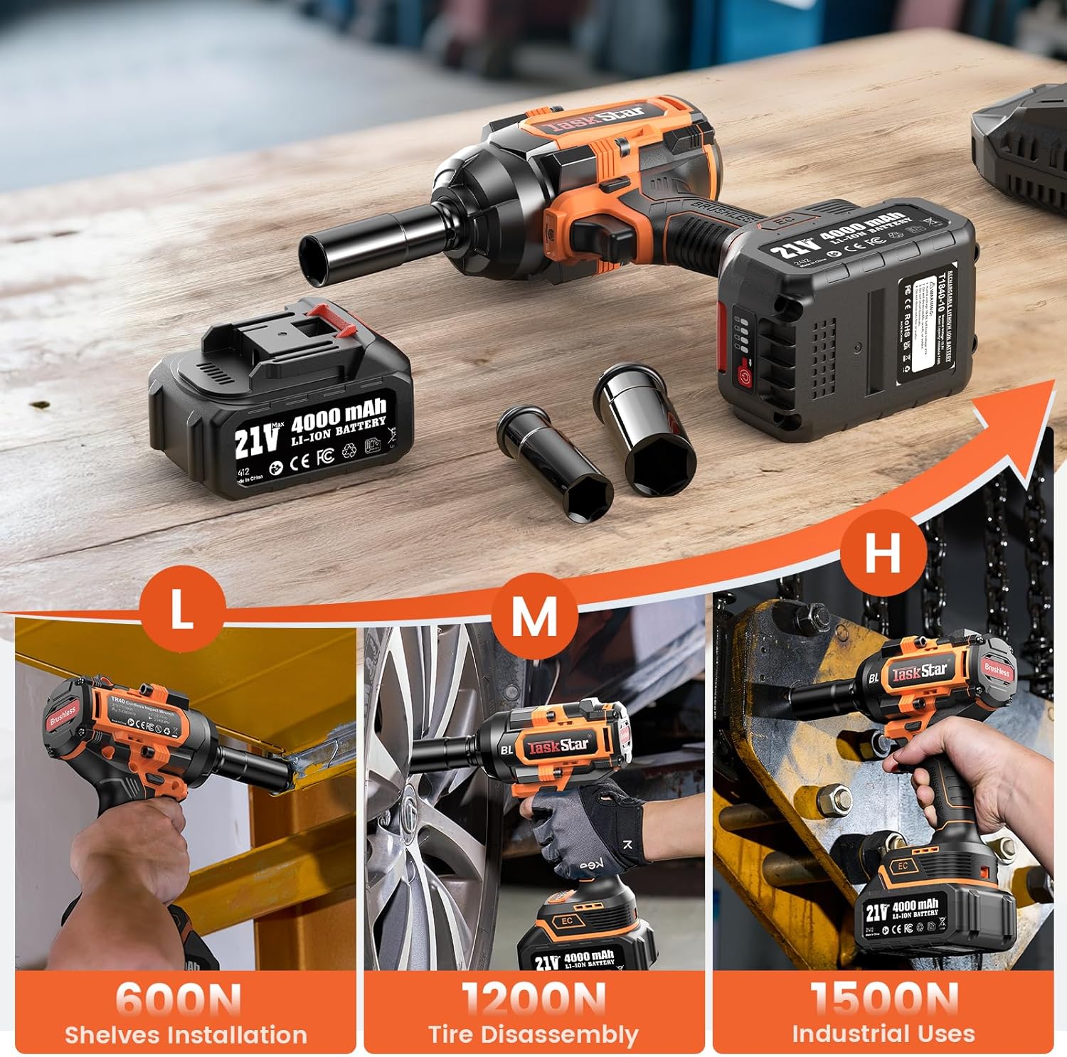 1500N.m Cordless Impact Wrench - 20V Max Brushless 1/2" Impact Gun with 2 x 4.0Ah Batteries & Fast Charger | Removes Stuck Truck Lug Nuts in Seconds | 3-Speed for Auto Repair & Heavy Duty DIY - Image 7