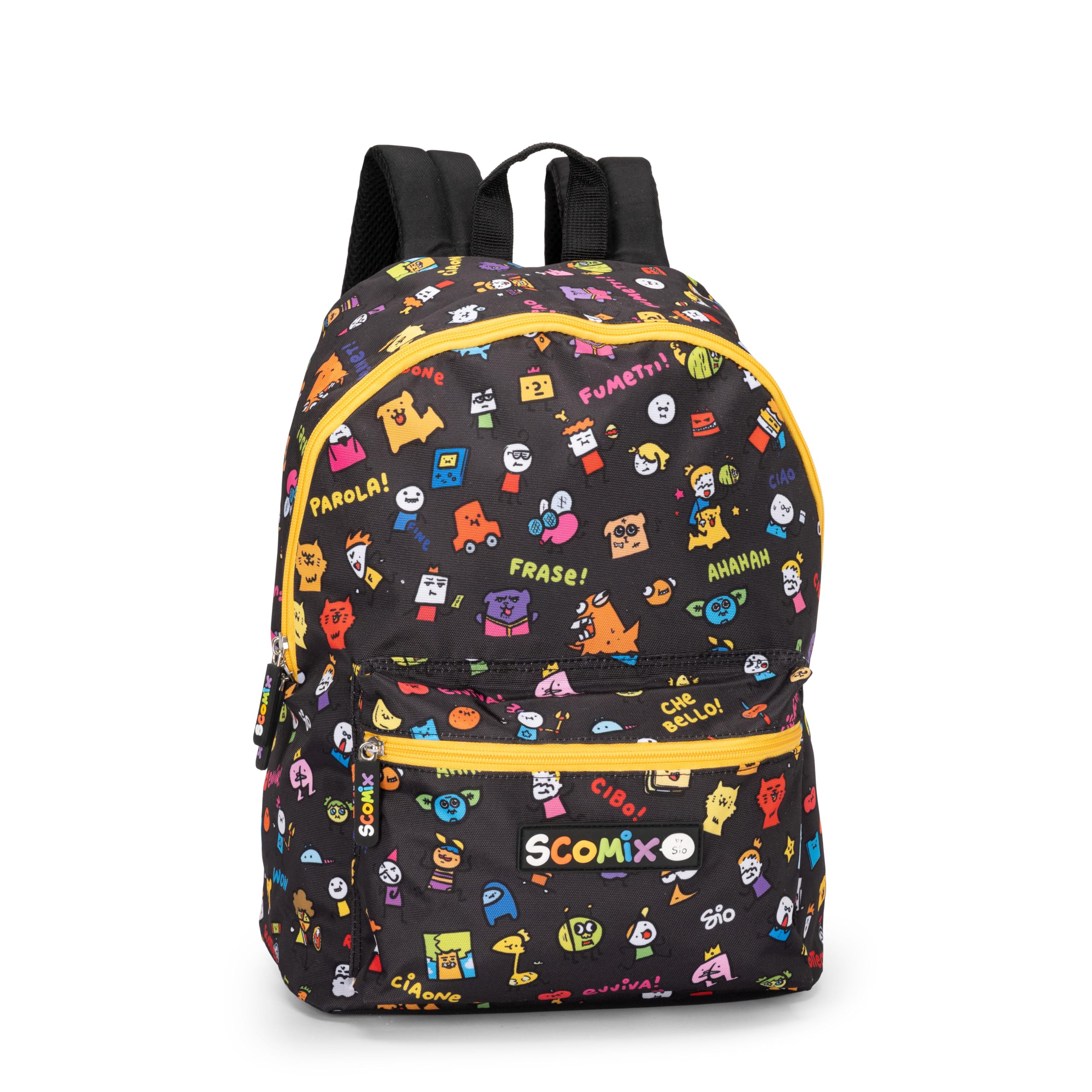 COMIX Scomix by Sio - Zaino Scuola per Bambini e Ragazzi con Schienale Imbottito e Rinforzato, Spallacci Regolabili, Vano Principale, Tasca Frontale e Chiusure A Zip, 30x40Hx17 cm, 24L, Nero
