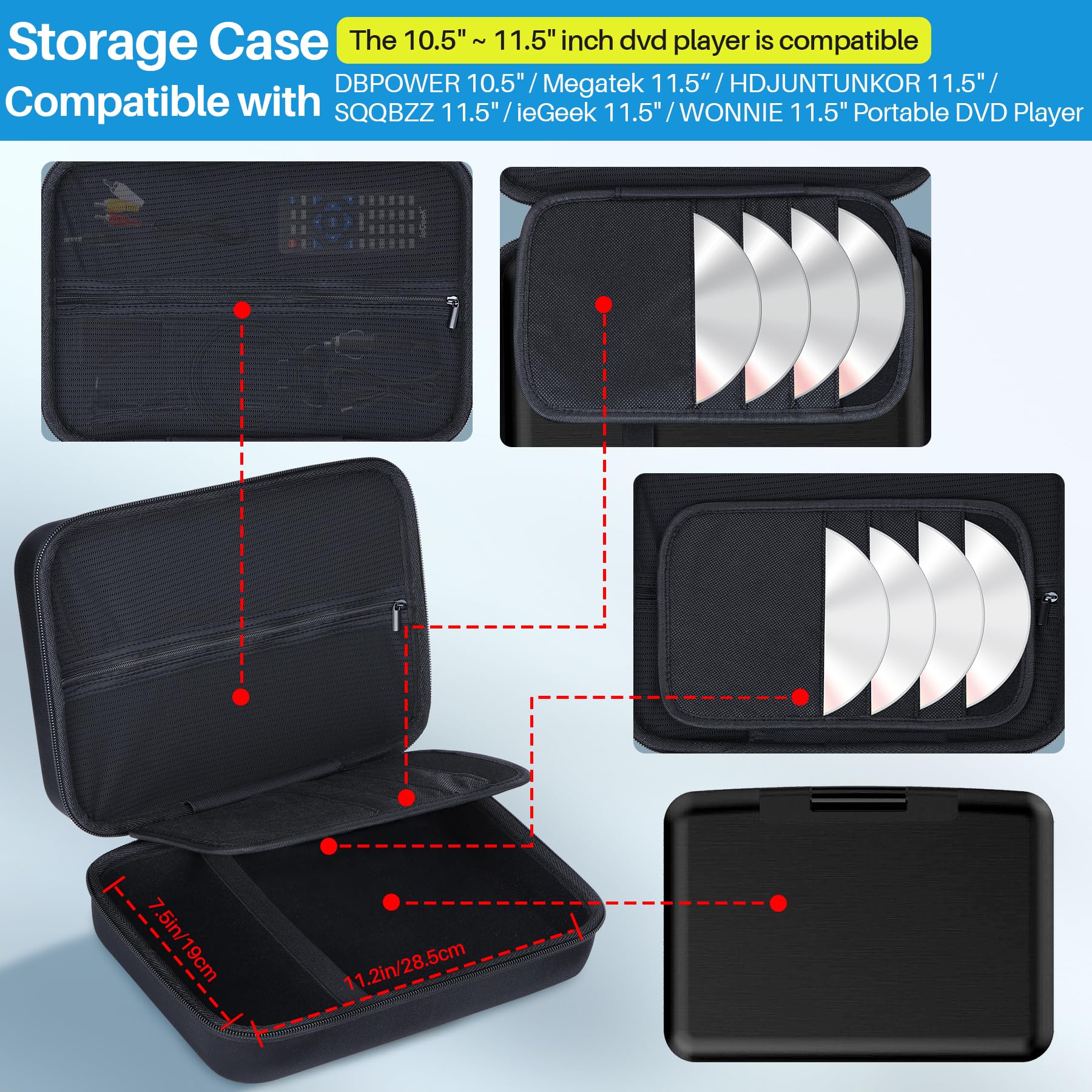 Lebakort Duro Viaggio Caso Custodia per YOTON/DBPOWER 10,5-11,5'' / DESOBRY 10,5-11,5'' Tragbarer DVD-Player(Nero)