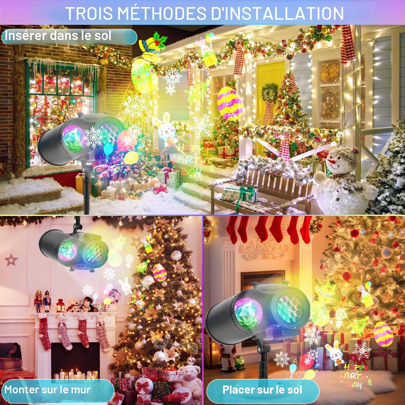 Projecteur Noel Exterieur, Projecteur LED Noël 2 en 1, Lumières de Projection avec 12 Diapositives 10 Effet de Vague d'eau, Etanche Lampe de Projection pour Halloween, Noël, Fête, Jardin