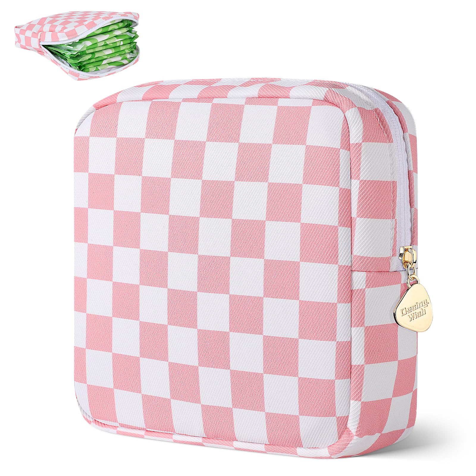 Sanitary Pad Storage Bag Portable Period Bag for Teen Pads/Sanitary Napkins/Small Tampons, Sanitary Napkin Storage Bag First Period Gifts for Teen Girls (Pink-White Checker)