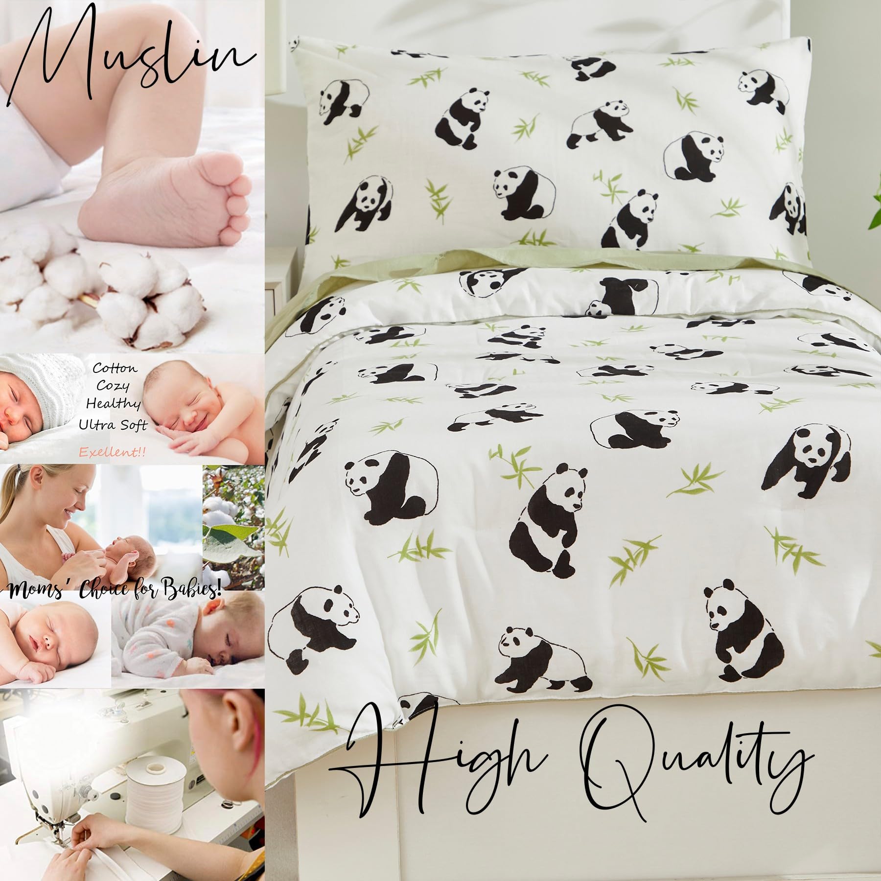 Brandream Juego de ropa de cama para niños y niñas con estampado de panda, sábana encimera, sábana bajera y funda de almohada, 4 piezas, blanco y verde