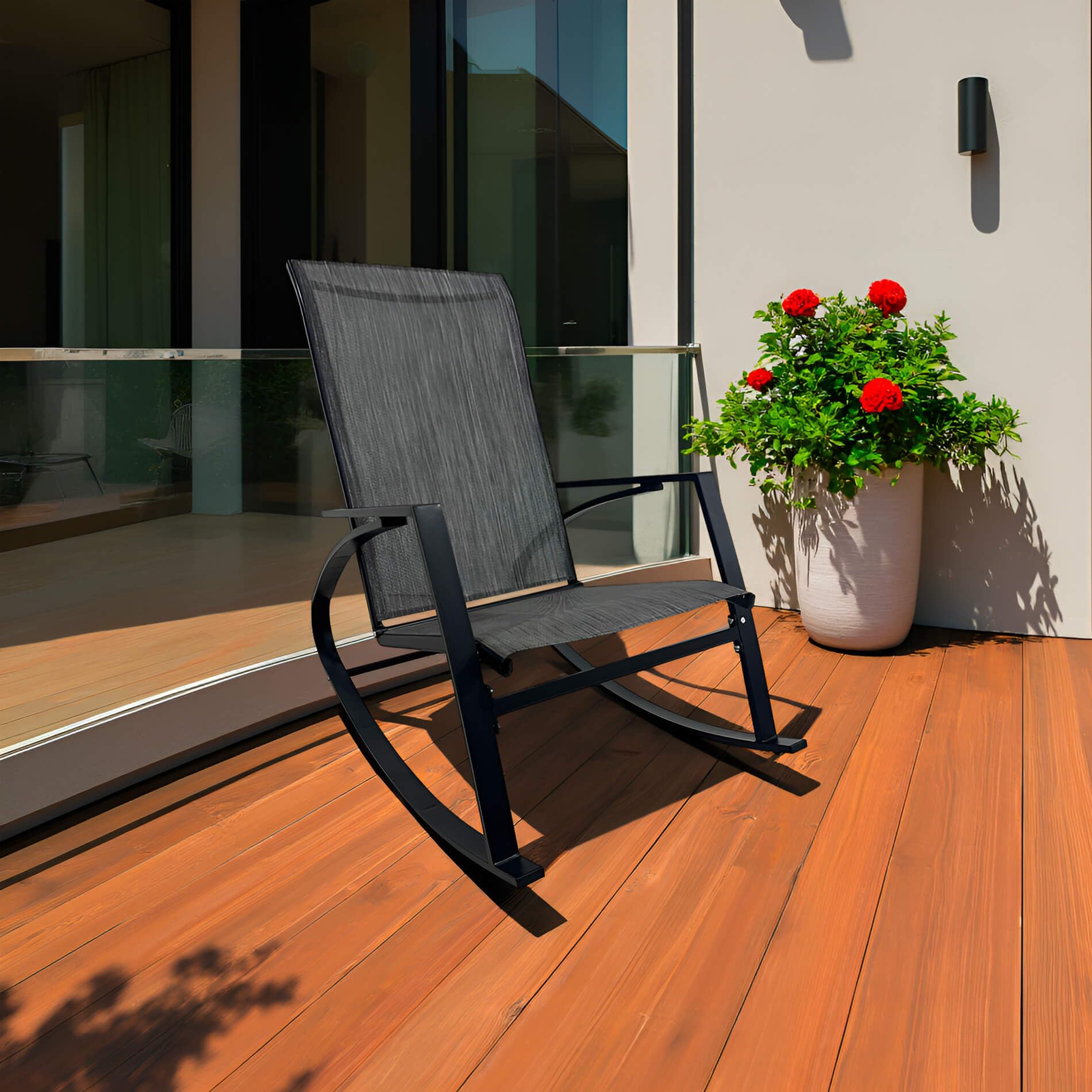 Rebecca Mobili Silla mecedora, Silla de exterior, Negro Gris Oscuro, Acero Poliéster, Robusto, Estilo Moderno, para Jardín Veranda. Dimensiones HxLxP: 94 x 104 x 60 cm. Art. RE7186
