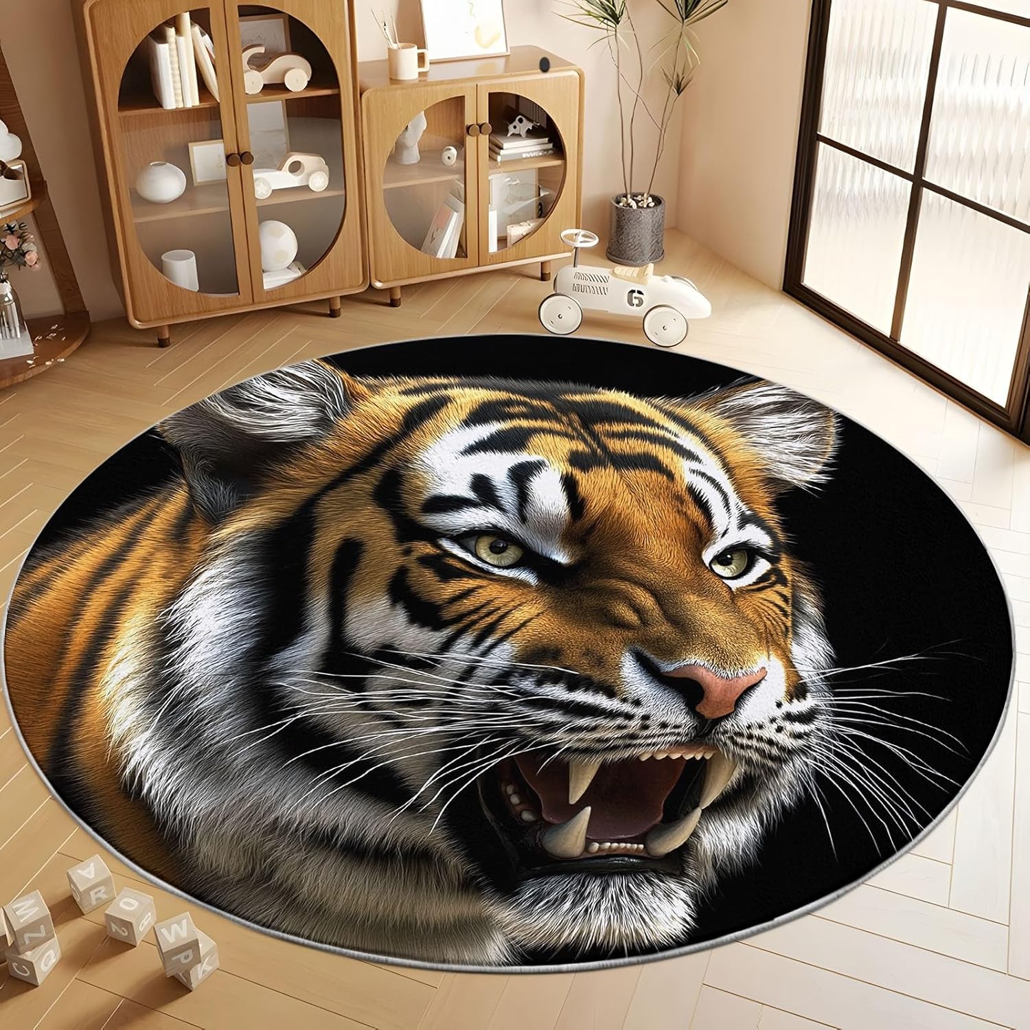 Round Rug for Bedroom 3ft, Faux Wool Print Area Circle Area Rug, Tiger Face Animal Bengal Tiger Machine Washable Low Pile Kids Rugs, Carpet for Living Room Sofa Nursery Office Room Decor