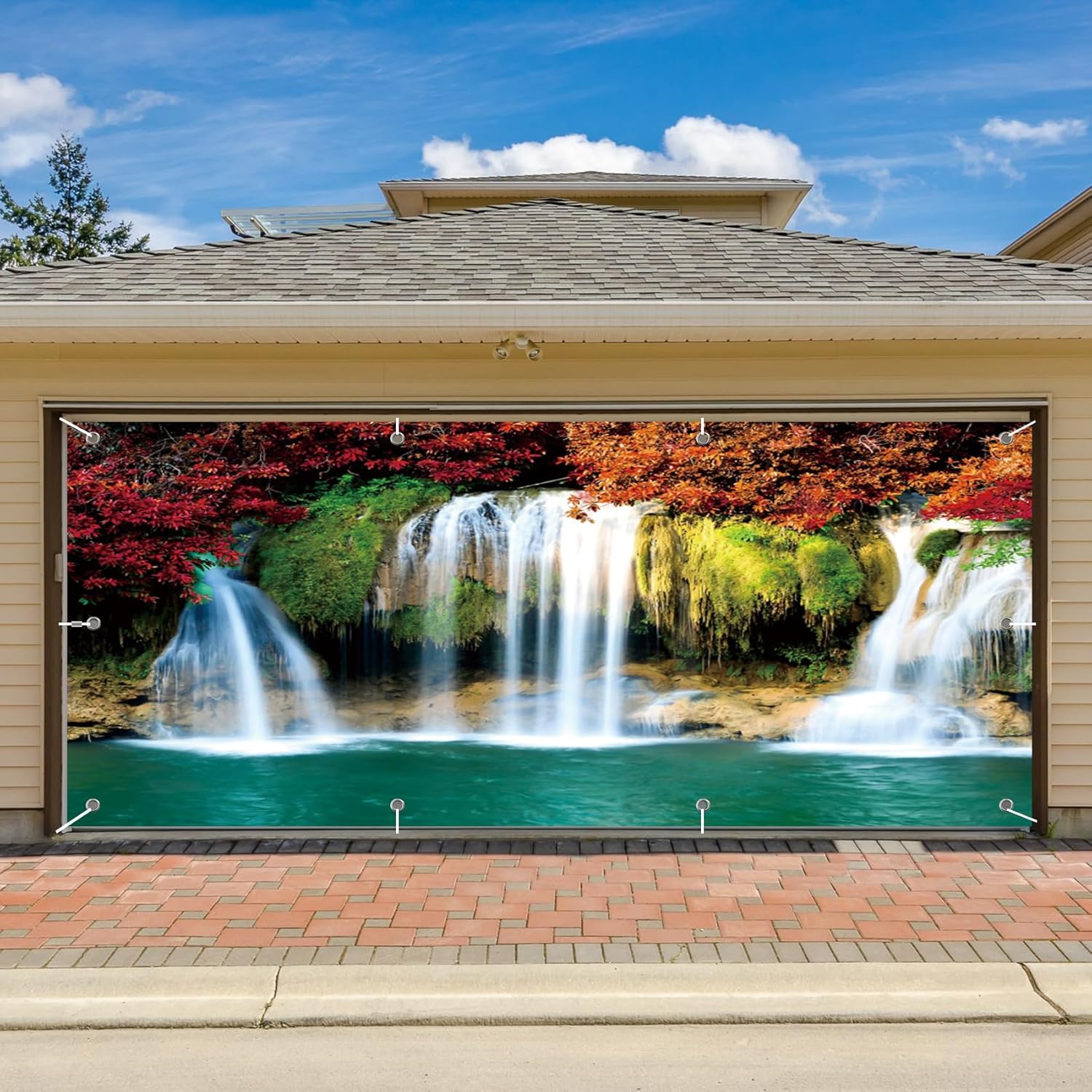 CSFOTO 7x16ft Lake Theme Garage Door Decorative Banner Spring Natural Landscape Garden Plants Flowers Waterfall Garage Decorative Wallpaper Spring Outdoor Wall Decoration Murals Portrait Props