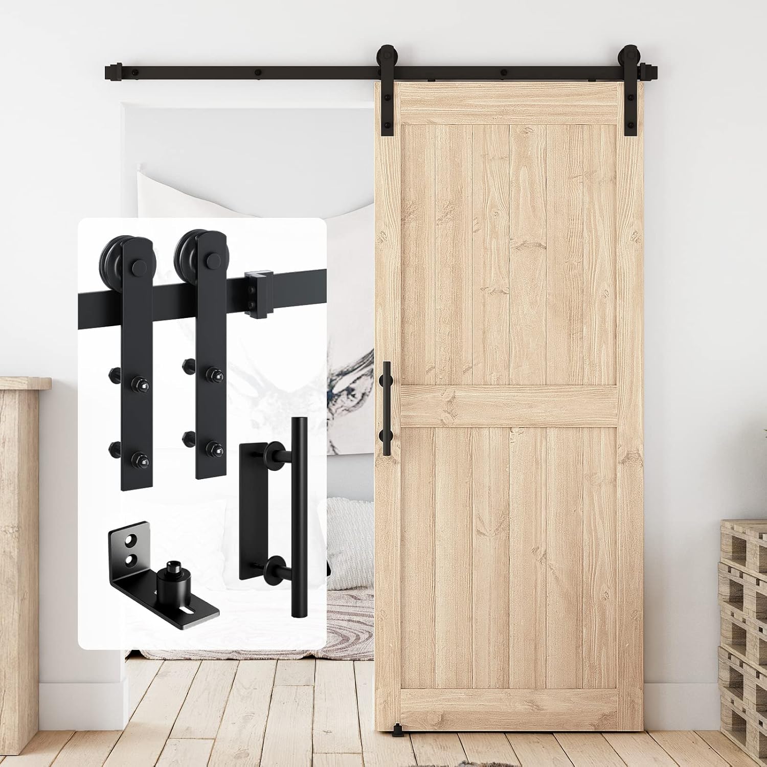 LDB_BUILDING 6FT Sliding Barn Door Hardware Kit, (Rail Kit & Pull Handle & Floor Guide), Fit 30"-36" Wide Door, Sturdy Heavy Duty Black 6 Feet