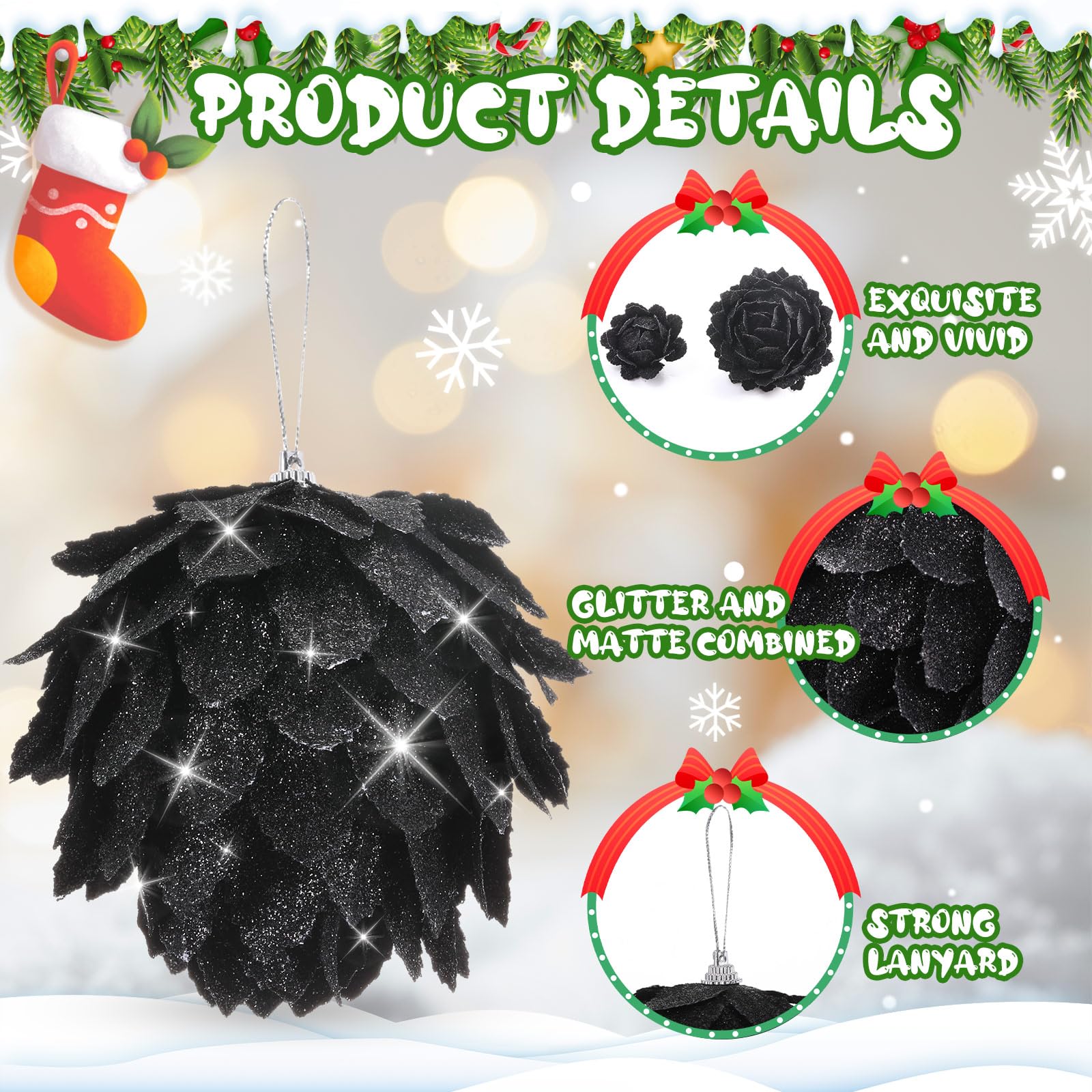 Syhood 12 adornos de bolas de Navidad con purpurina, decoración de árbol de Navidad, bolas de piña colgantes, conos de pino rústicos para Navidad, fiesta de invierno, vacaciones, boda, decoración del