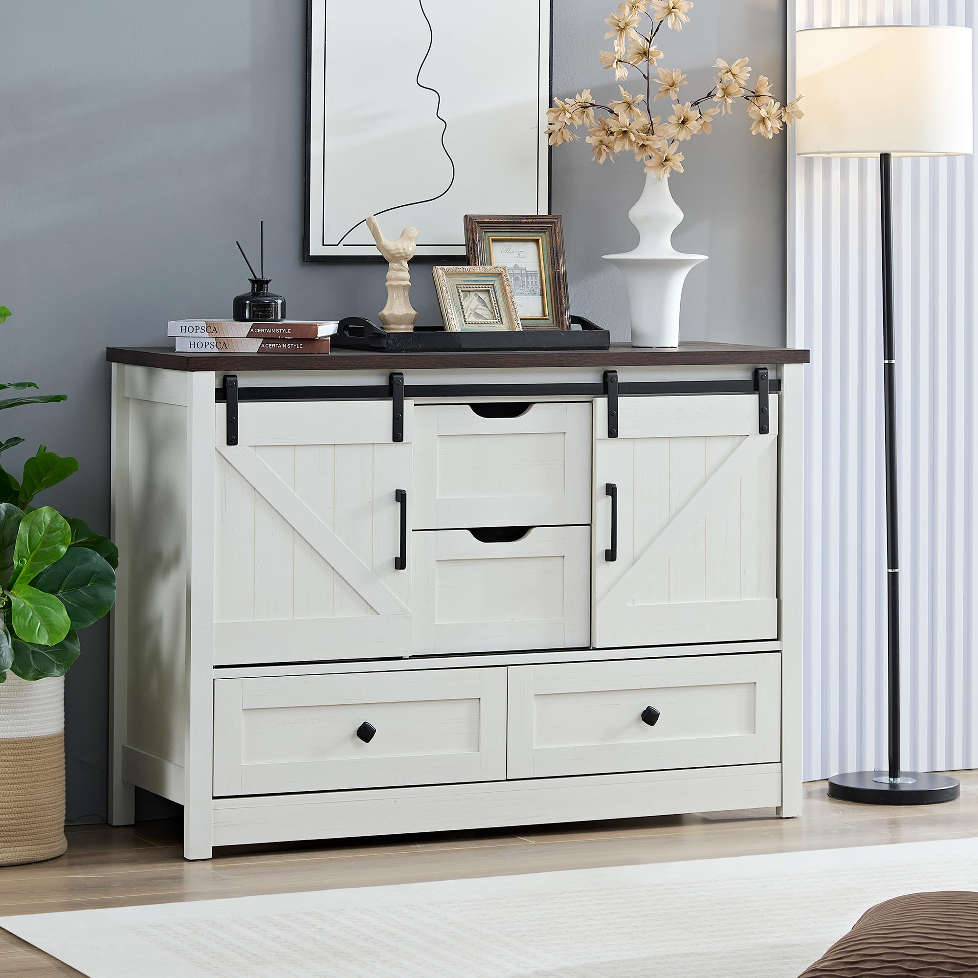 white barn door dresser BOSHIRO Farmhouse for Bedroom, 4 Drawers Dressers with Sliding Door, 48