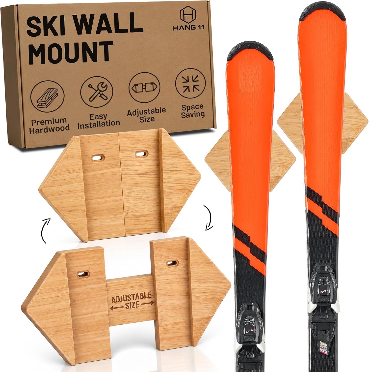 Hang 11 Ski Wall Mount - Wood Ski Hangers for Wall, Decorative Display