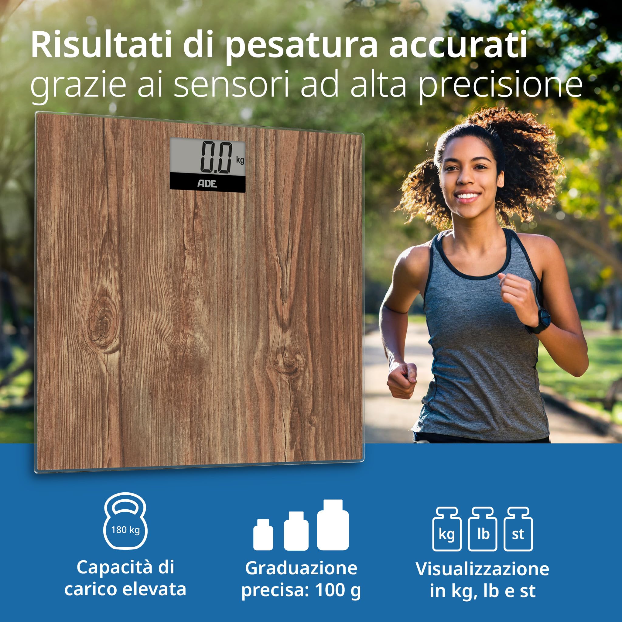 ADE Bilancia pesapersone digitale in accogliente look legno | ampio display | superficie di pesatura antiscivolo in vetro di sicurezza | risultati di pesatura accurati | fino a 180 kg