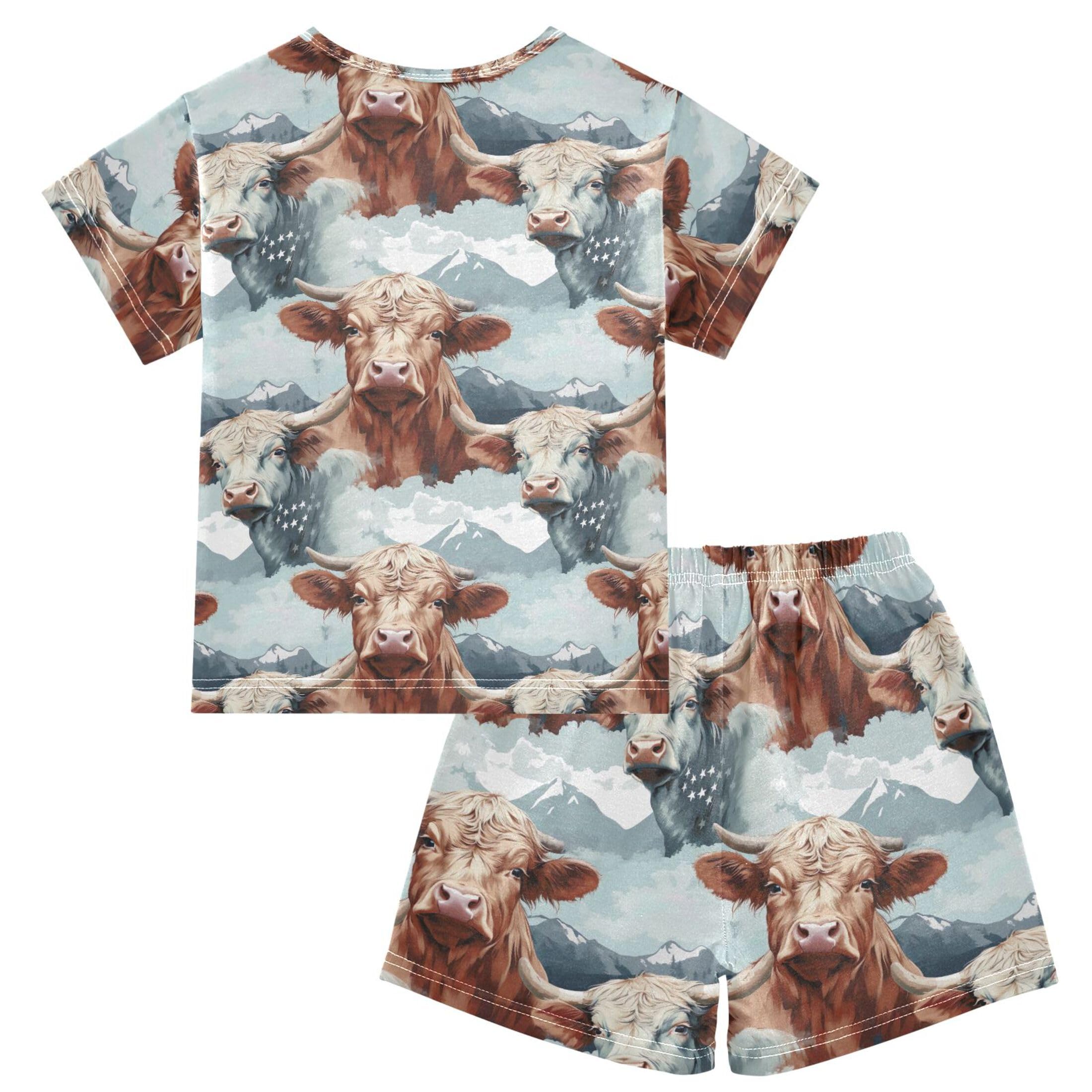 UMIRIKO Highland Cow Animal Summer Short Sleeve Pajamas Sleepwear PJ Set B0403257