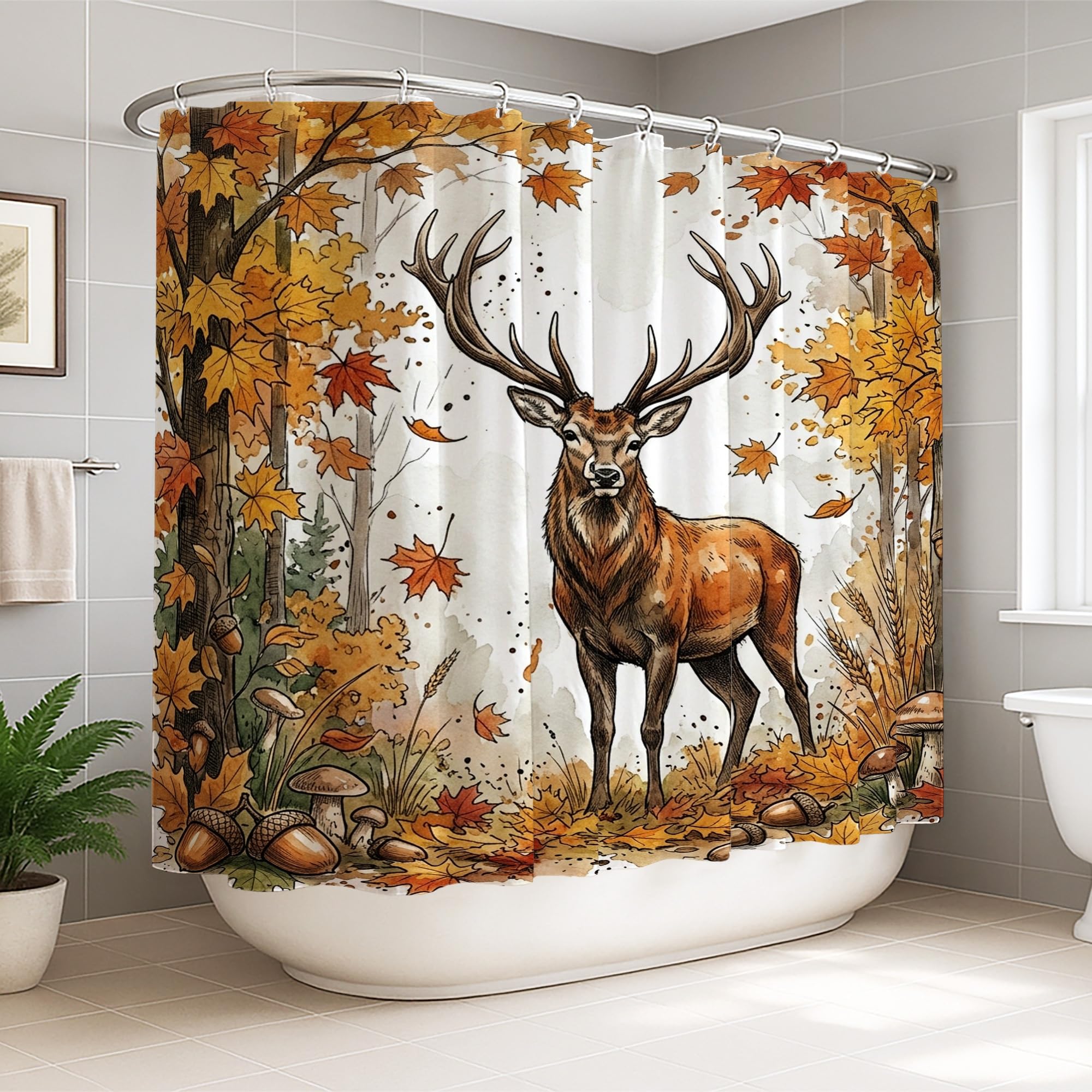 Rideau de douche extra large 274x183 cm imprimé cerf en toile avec crochets pour salle de bain