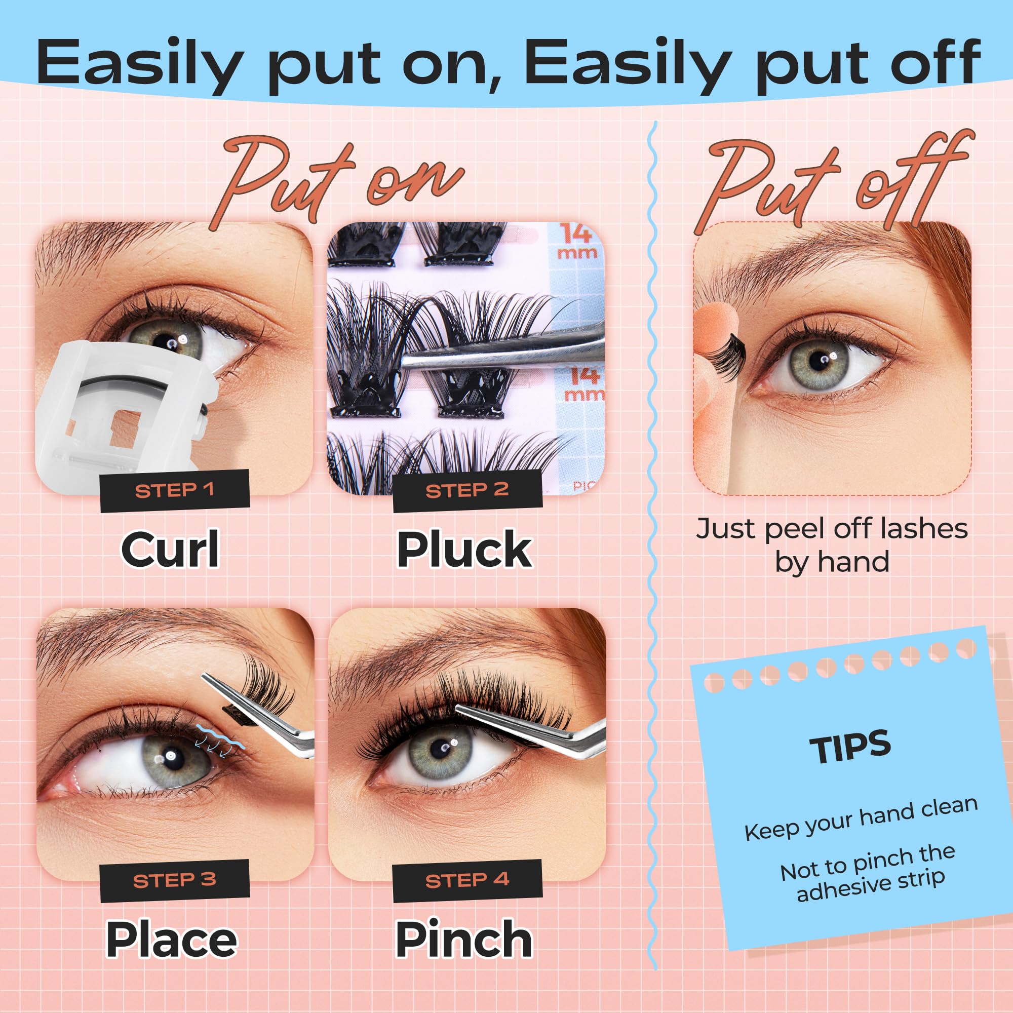 POPUP Self Adhesive Eyelashes 72Pcs D Curl Self Adhesive Lash Clusters Press on Lashes No Glue and Remover Needed Reusable Wispy Pre Glued Eyelashes with Tweezers for Beginners (ZN23)
