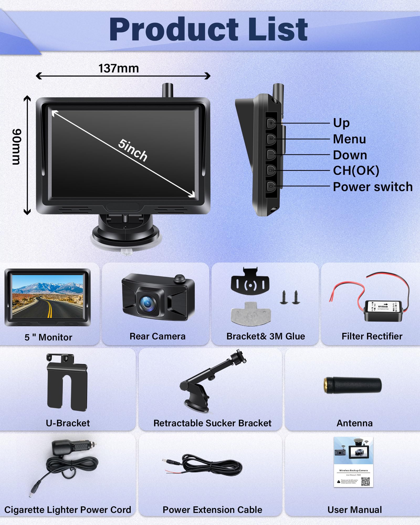 Segnale Stabile Retrocamera Auto Wireless AHD 1080P Telecamera Posteriore Senza Fili con 5'' Monitor con Telecamera Retromarcia Wireless Nessuna Foratura DIY Linea Guida per DC 12V Auto SUV Camion