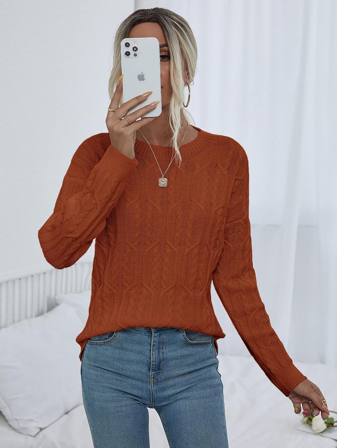 Women's Sweater Cable Knit Drop Shoulder Sweater Sweater for Women (Color : Rust Brown, Size : Medium)
