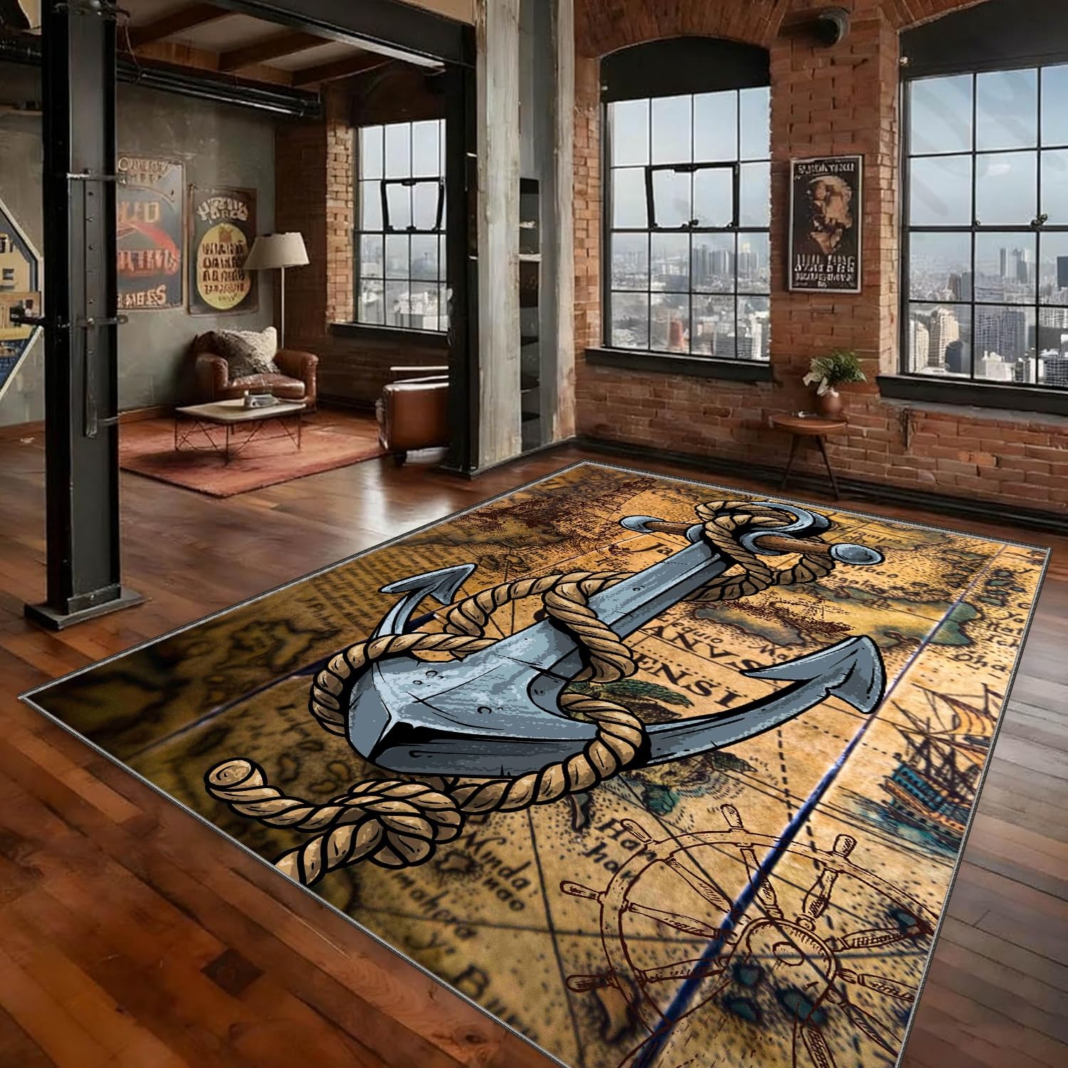 PDENZG Nautical Area Rug,160x230cm,Vintage Sailboat Lighthouse Rudder Nautical Rugs,Washable Soft Non-Slip 3D Anchor Decor World Map Ocean Rug,for Living Room Bedroom Office Coastal Room Decor Mat