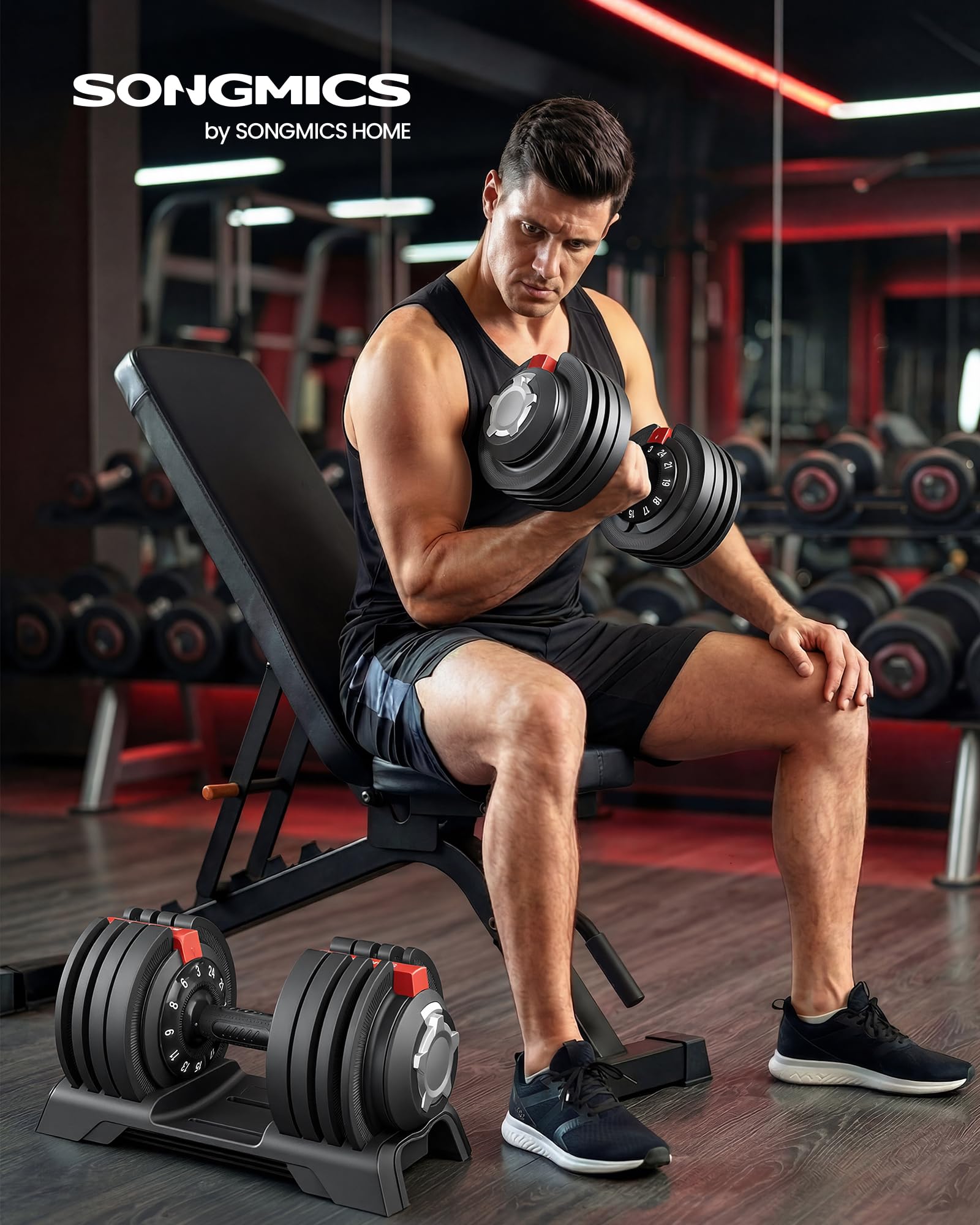 SONGMICS Juego de 2 Mancuernas Ajustables 12 en 1, Ahorran Espacio, Mango Antideslizante, Soporte Base, Entrenamiento de Fuerza y Fitness en Casa