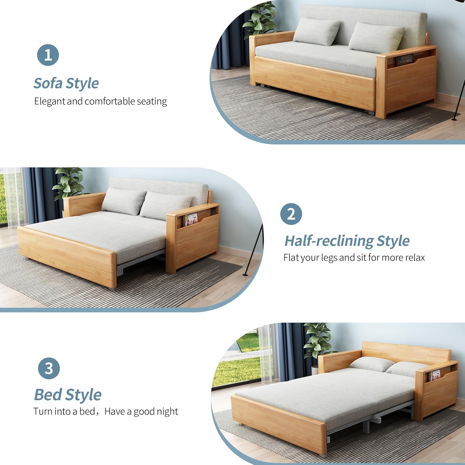 59" convertible sofa sleeper with storage,grey soft cushion sectional sleeper sofa with reversible chaise,solidwood log color couch 3 in 1 pull out couch bed for livingroom,apartment,bedroom,office