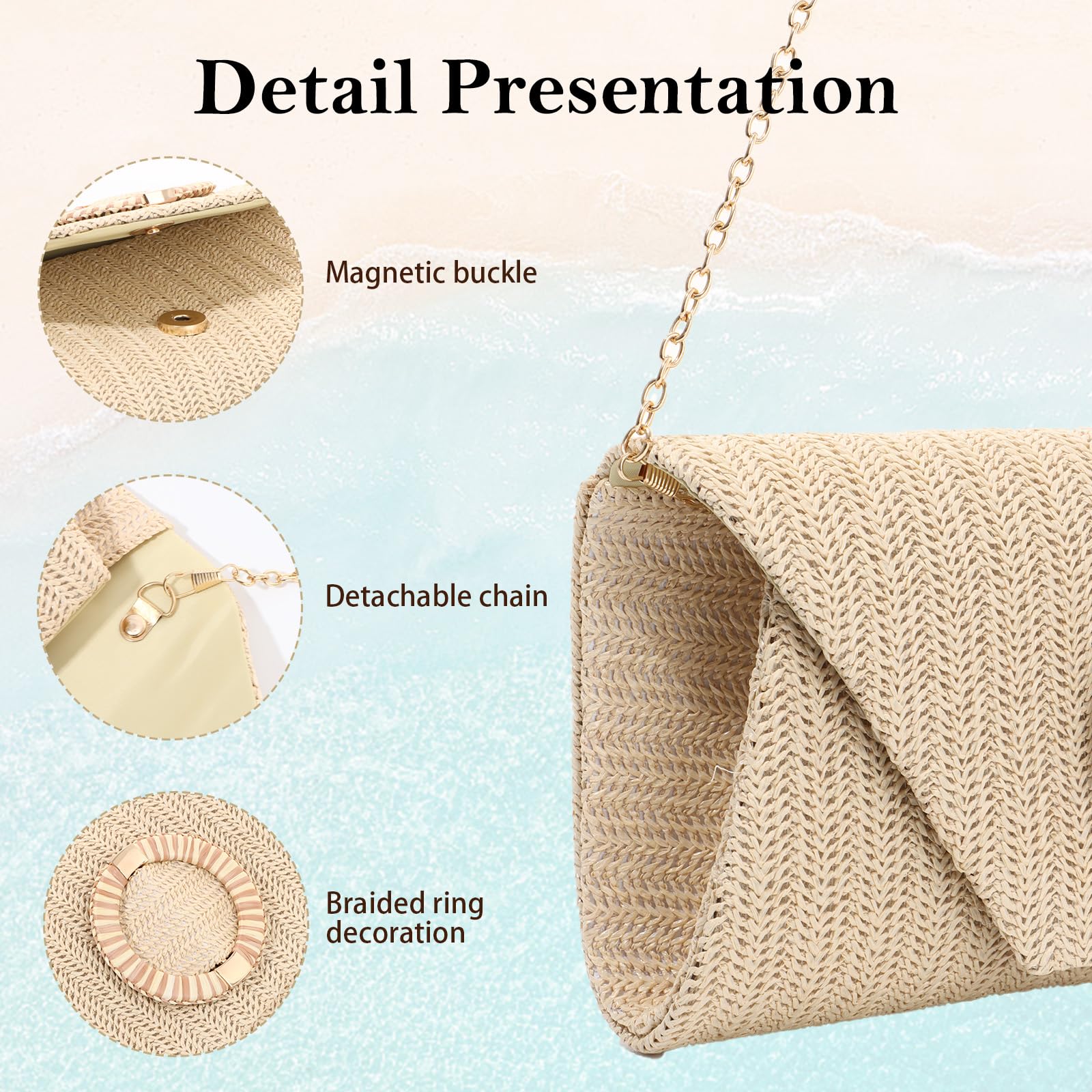 BWBIKE Bolso de Mano Tejido de Rrafia para Mujer - Elegante Bolso Bandolera de Paja para Verano, Playa, Bodas y Fiestas Formales, Bolso de Mano Tipo Sobre con Cadena Extraíble