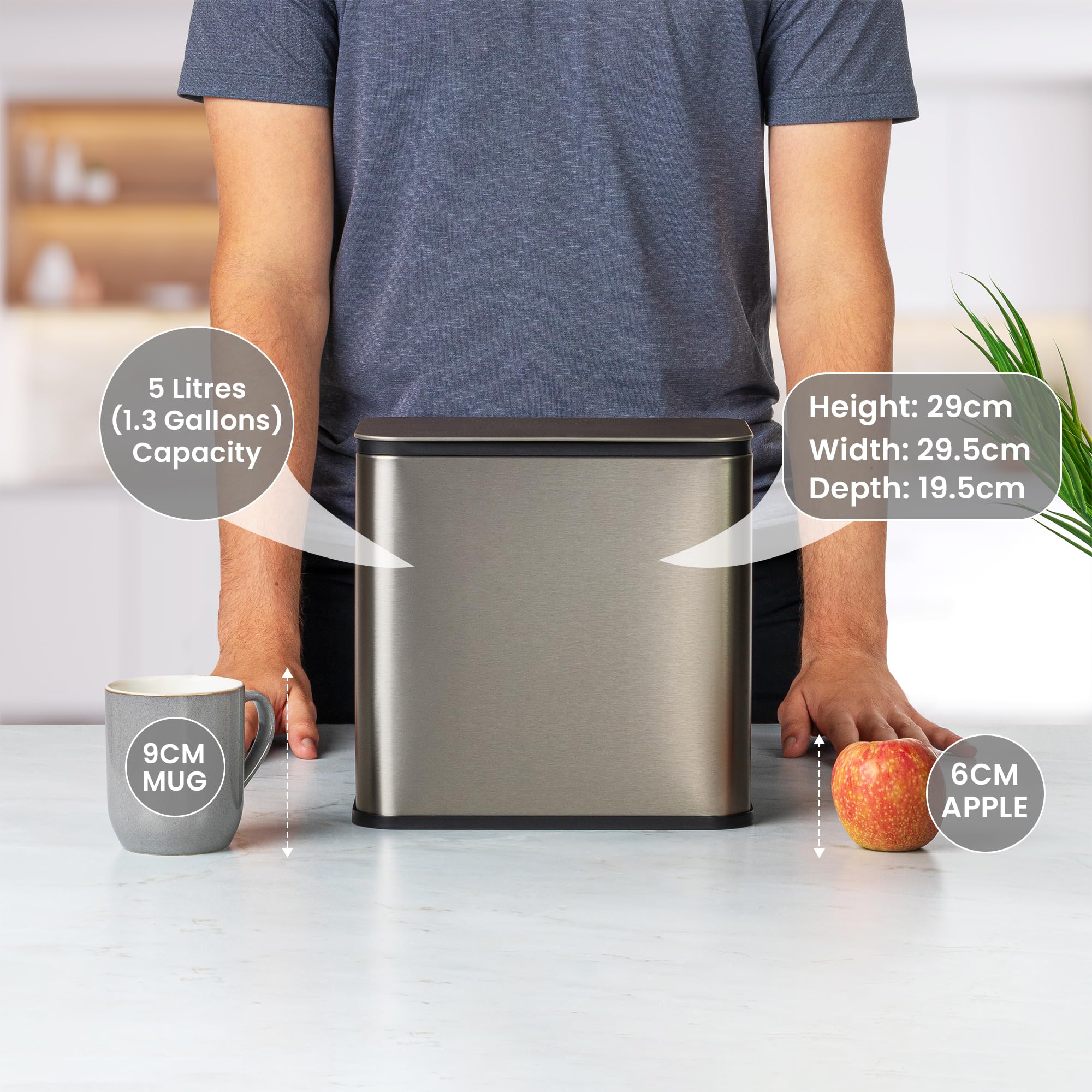 Red Factor - Cubo de basura de compost (acero inoxidable, con tapa filtrante, 5 L, sin olor, cubo de residuos de cocina para puerta de armario, encimera o debajo del fregadero (gris metálico)