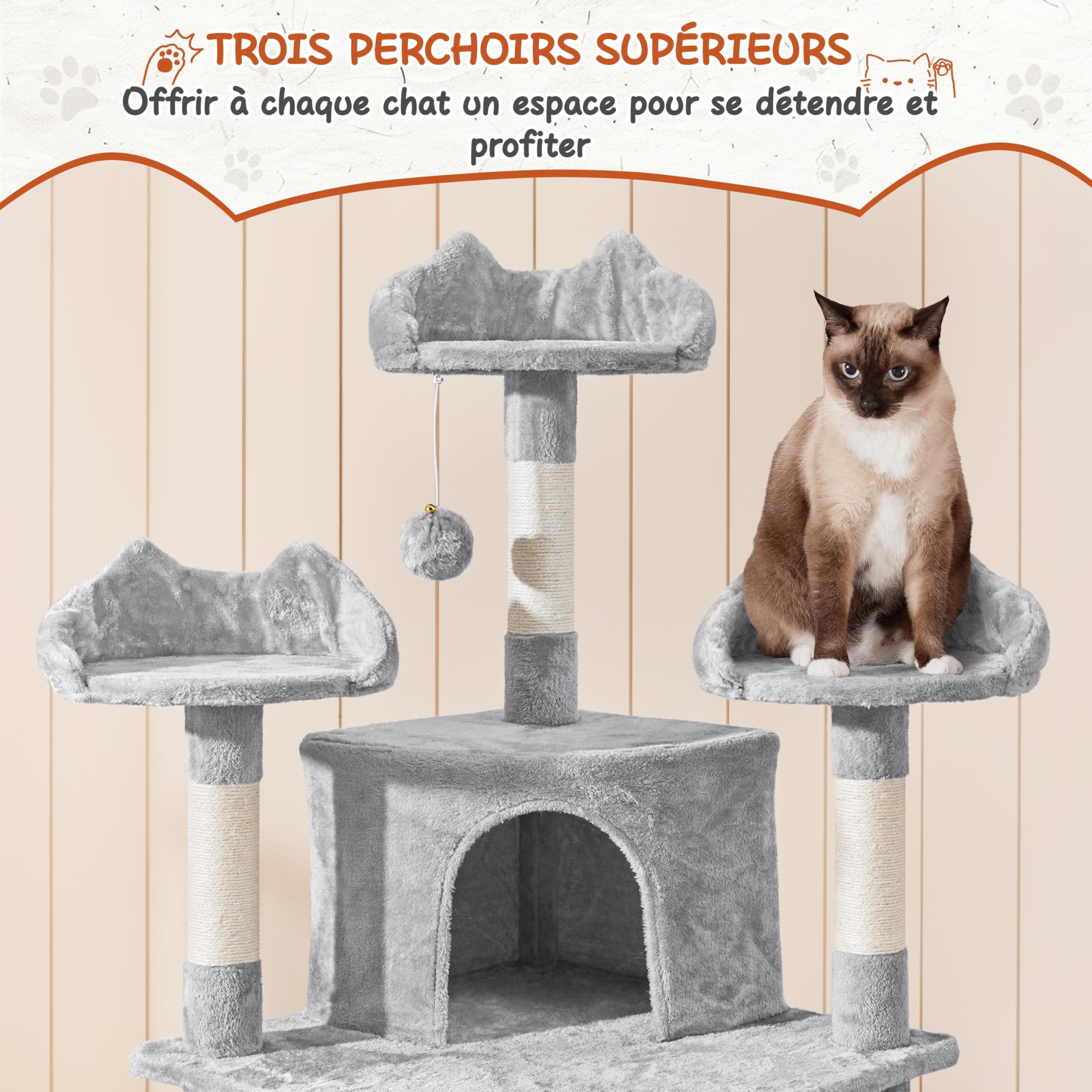 Abician Arbre à Chat Tour d'escalade 194 cm XXL, avec 3 Niches/3 Plateformes/2 Paniers/10 Poteaux en Sisal/Perchoirs, Multiniveau, Intérieur, pour 3-4 Chats, Gris Clair