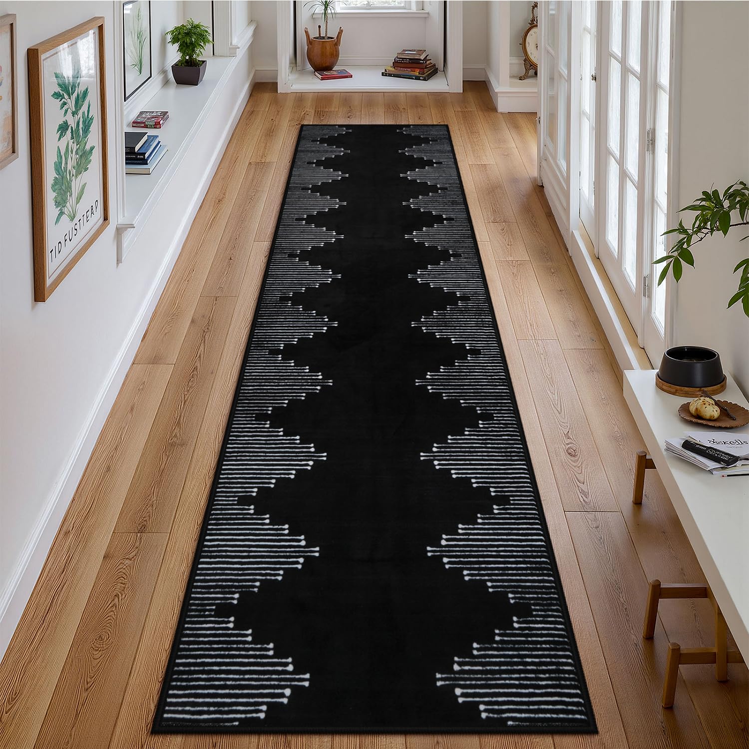 Seavish Hallway Runner Rug 2x8 Black Kitchen Runner Rugs Non Slip Washable Low Pile Soft Modern Geometric Rugs for Entryway Neutral Rugs Non Shedding