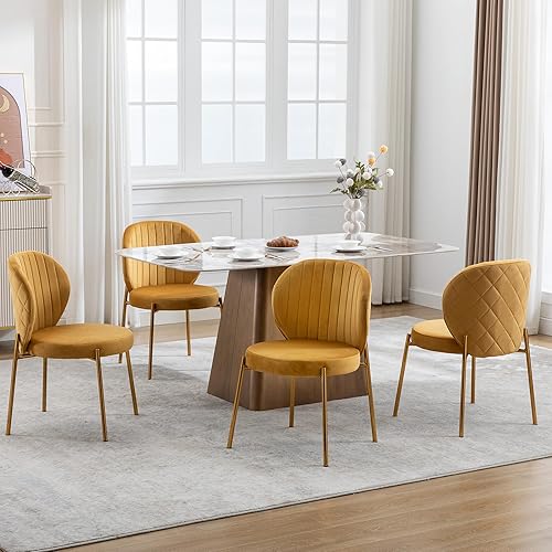 Miniatura 10 de DAGONHIL Juego de 4 sillas de comedor, sillas de terciopelo amarillo, sillas tapizadas modernas de mediados de siglo con patas de metal dorado para