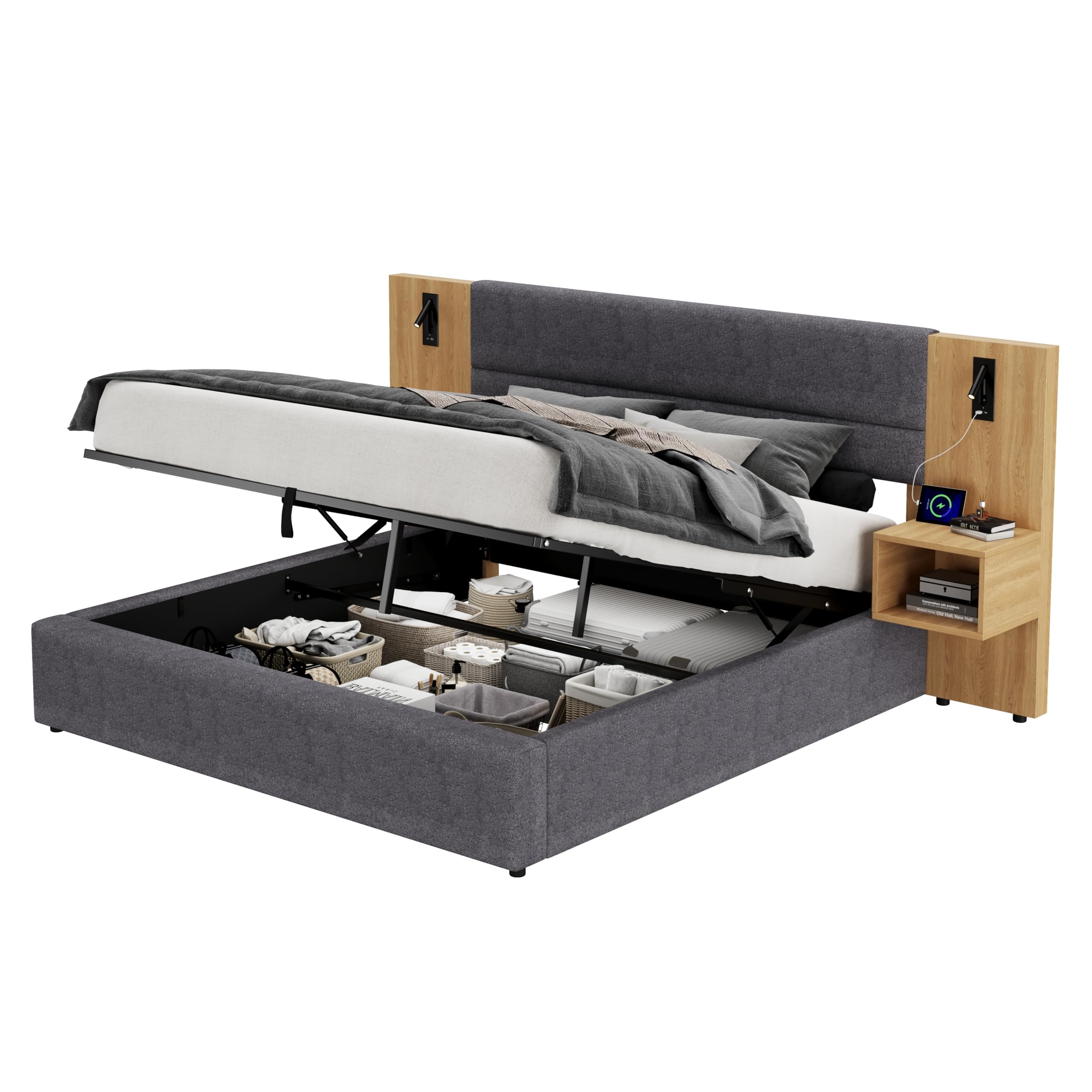 Letto imbottito 160 x 200 cm, idraulico, con connettore USB, illuminazione con due comodini con spazio di archiviazione, rete a doghe in legno, facile da montare, velluto grigio + naturale