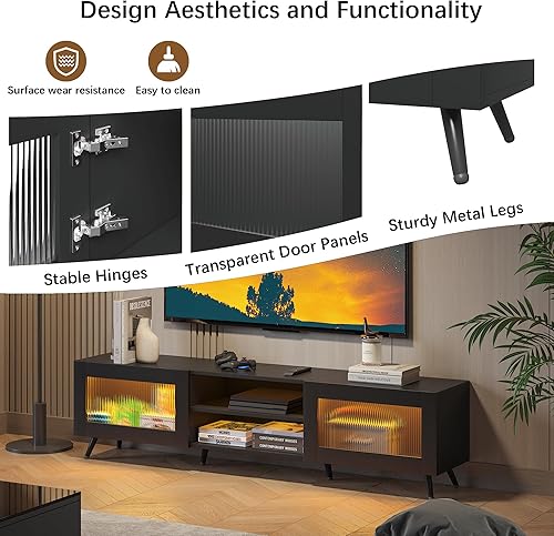 Miniatura 2 de Soporte de TV negro para televisores de 32 a 70 pulgadas, centro de entretenimiento con 2 puertas acrílicas, mesa consola multimedia de 58 pulgadas
