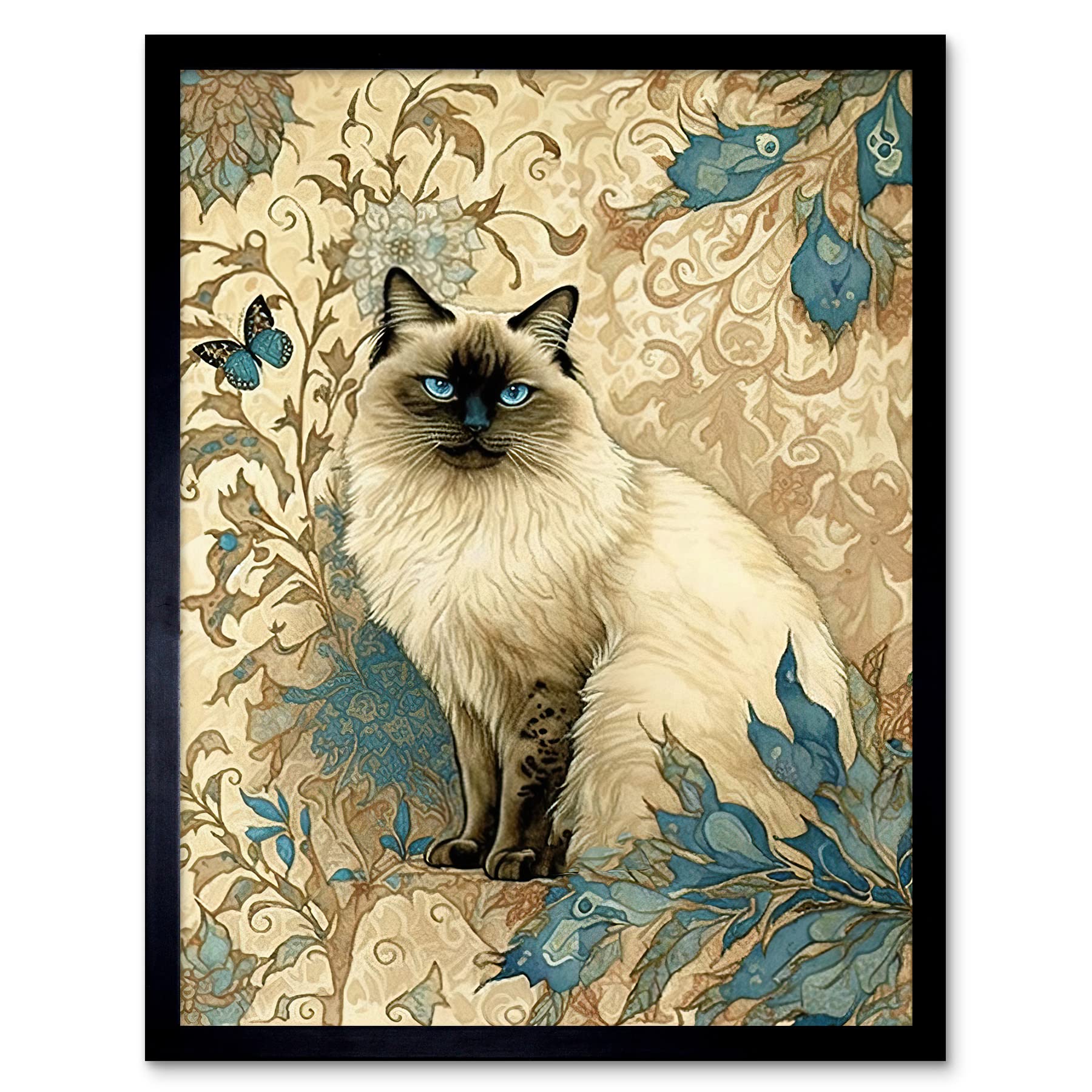 Artery8 Blue Point Ragdoll Cat with Teal Plants Art Nouveau Watercolour Illustration Art Print Framed Poster Wall Decor 12x16 inch
