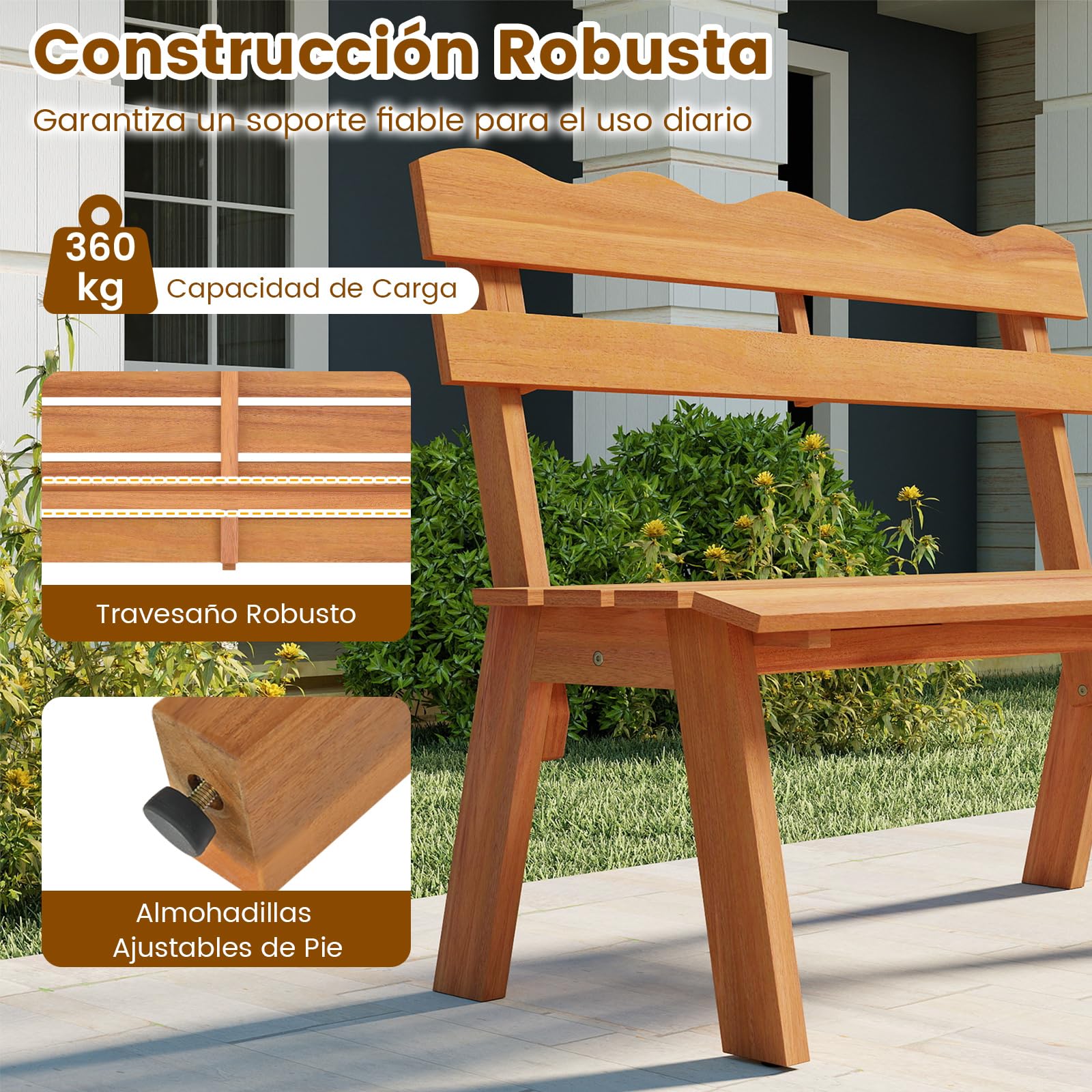 COSTWAY Banco Jardín de Madera Acacia, 2 Plazas, Banco Exterior sin Reposabrazos, Respaldo Ondulado, Patio Porche Terraza Parque, 47,5 x 105 x 80 cm, 360kg
