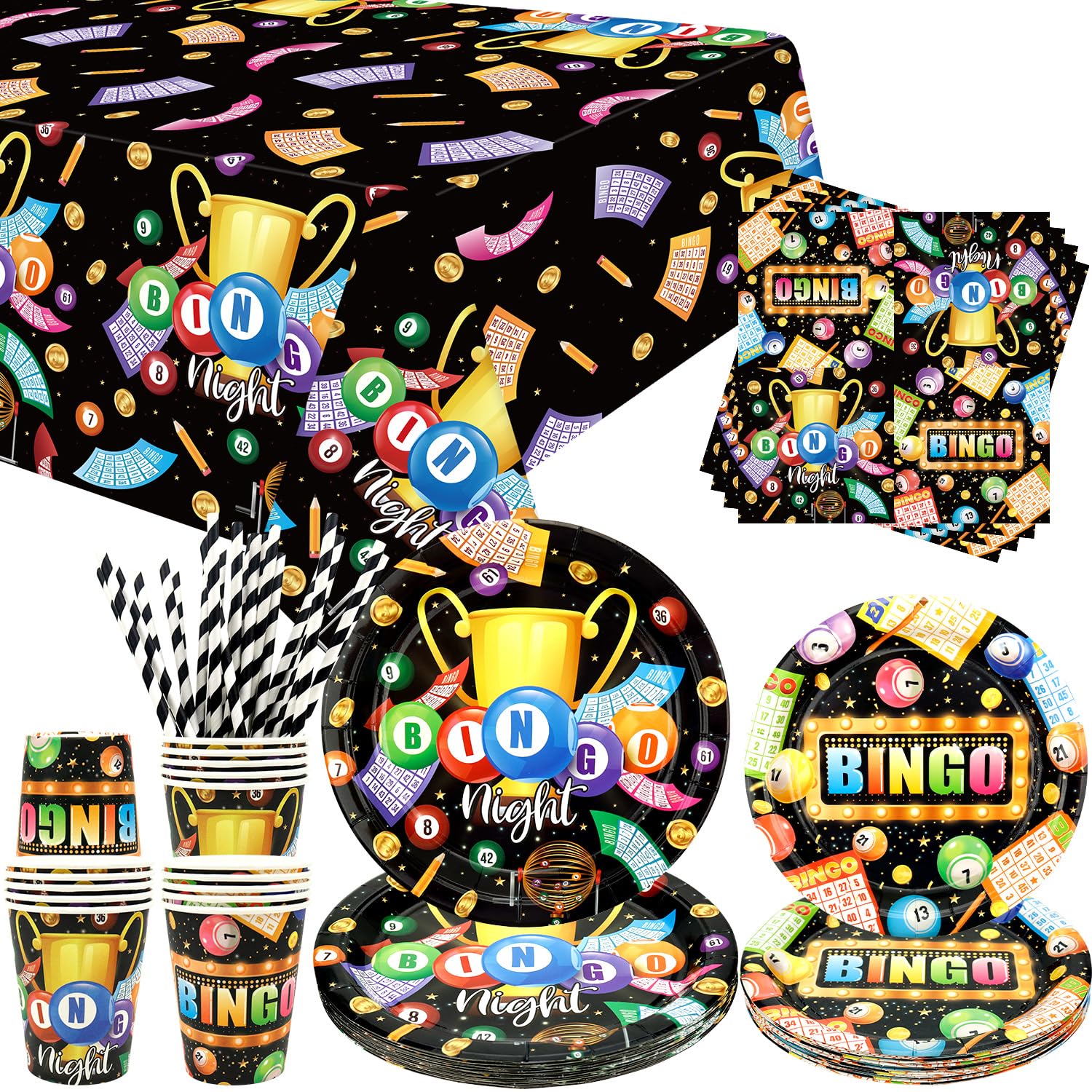 Bingo Party Supplies - Bingo Party Tableware - Dinner Plates Desserts Plates Cups Napkins Tablecover Straws for Game Night Supplies, Serves 20